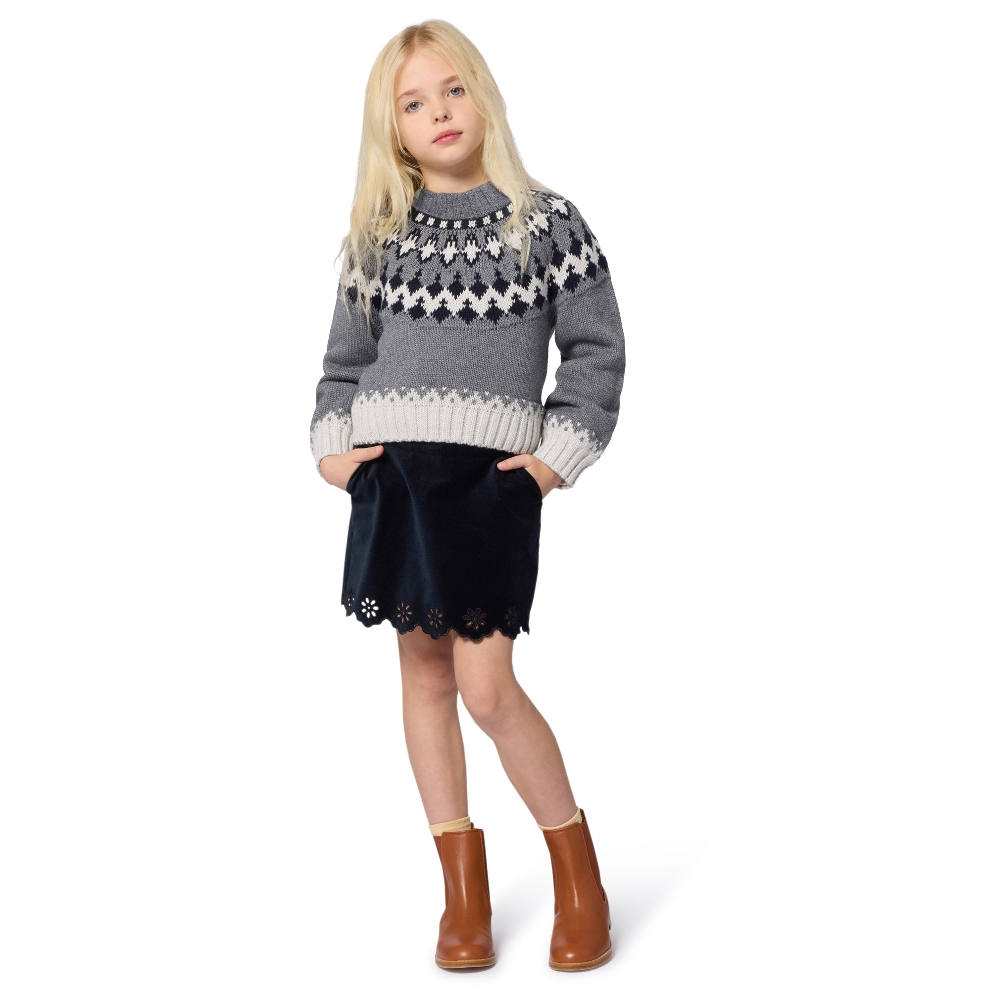 Girls Grey Jacquard Cotton Knit Sweater