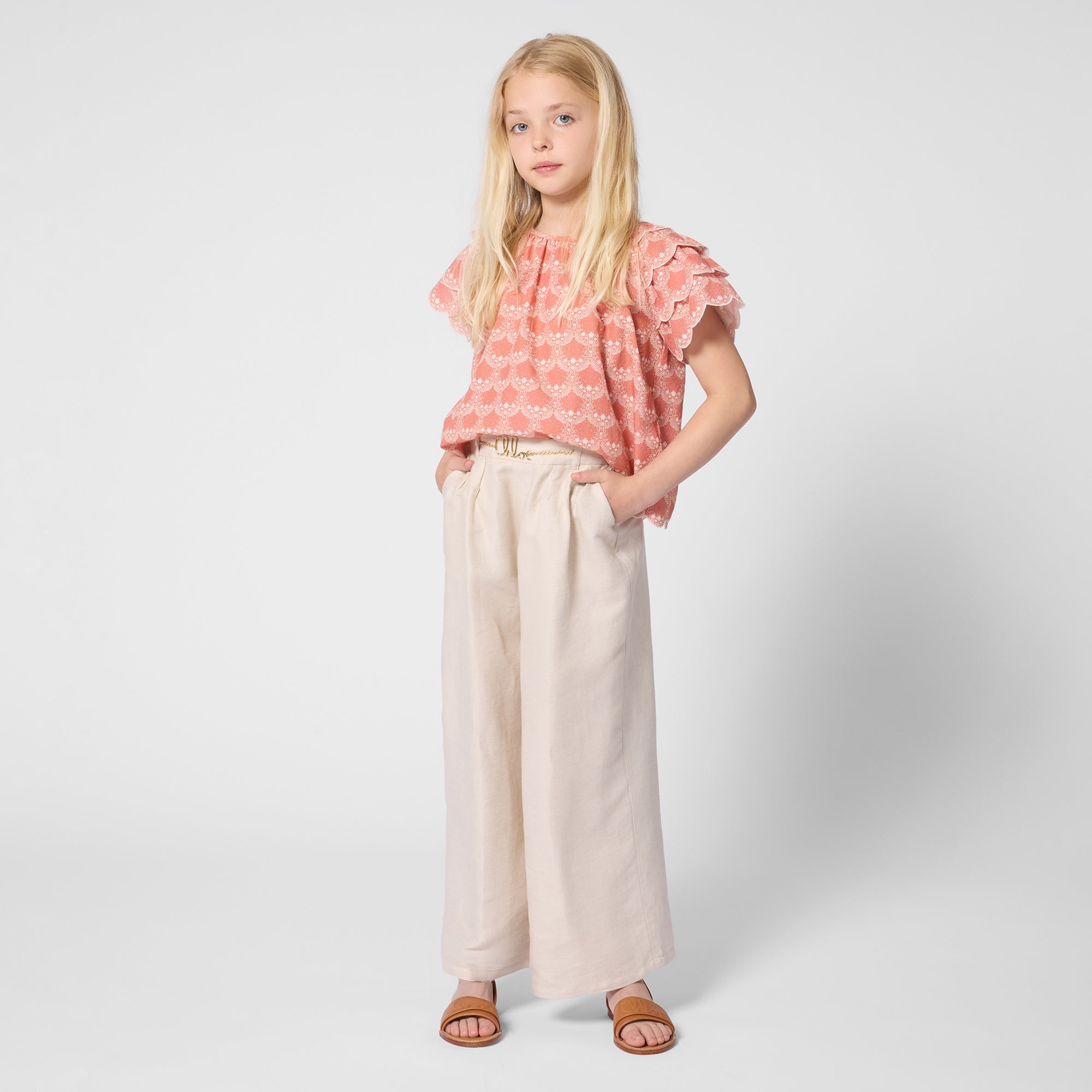 Girls Coral Pink Ruffled Cotton Blouse