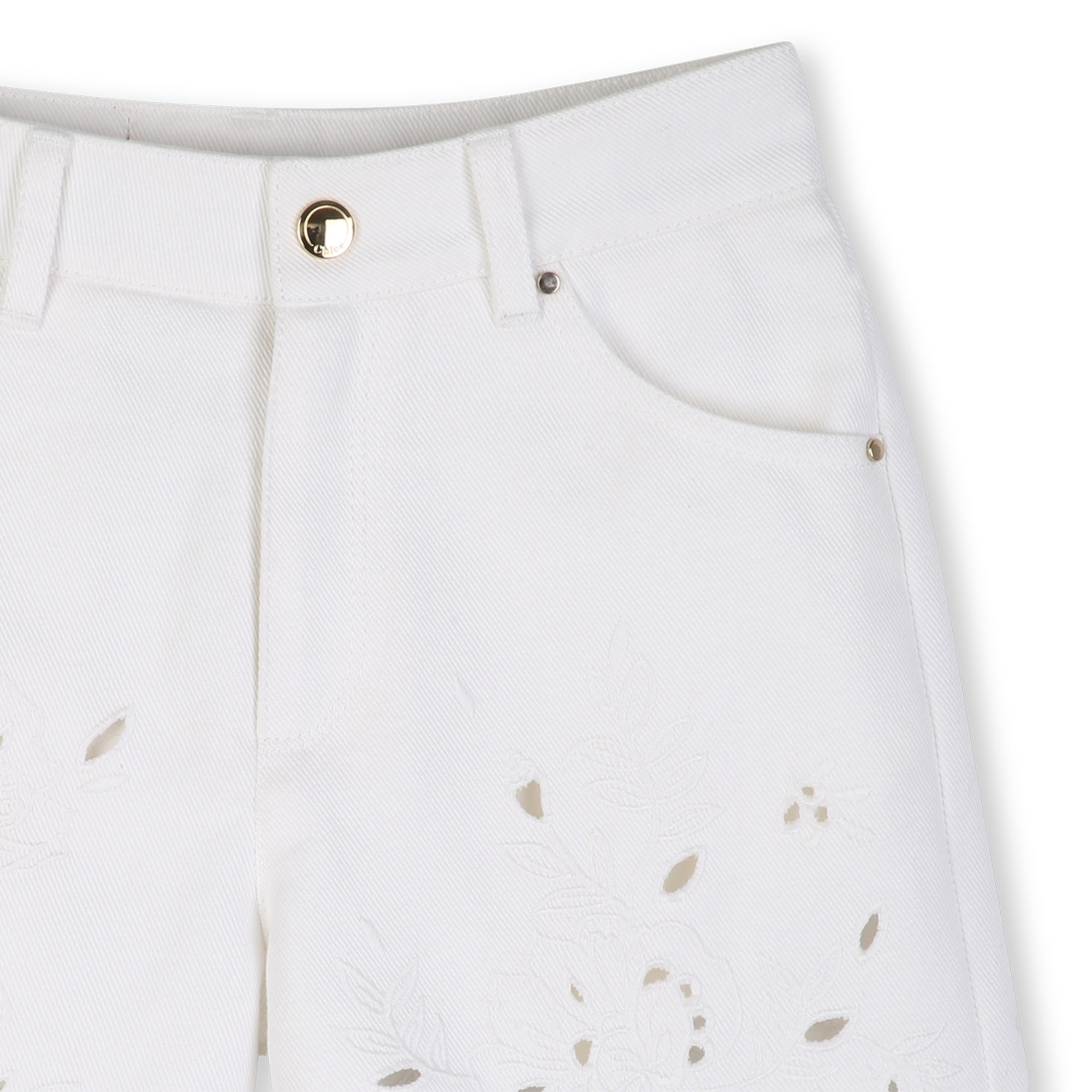 Girls White Embroidered Cotton Shorts