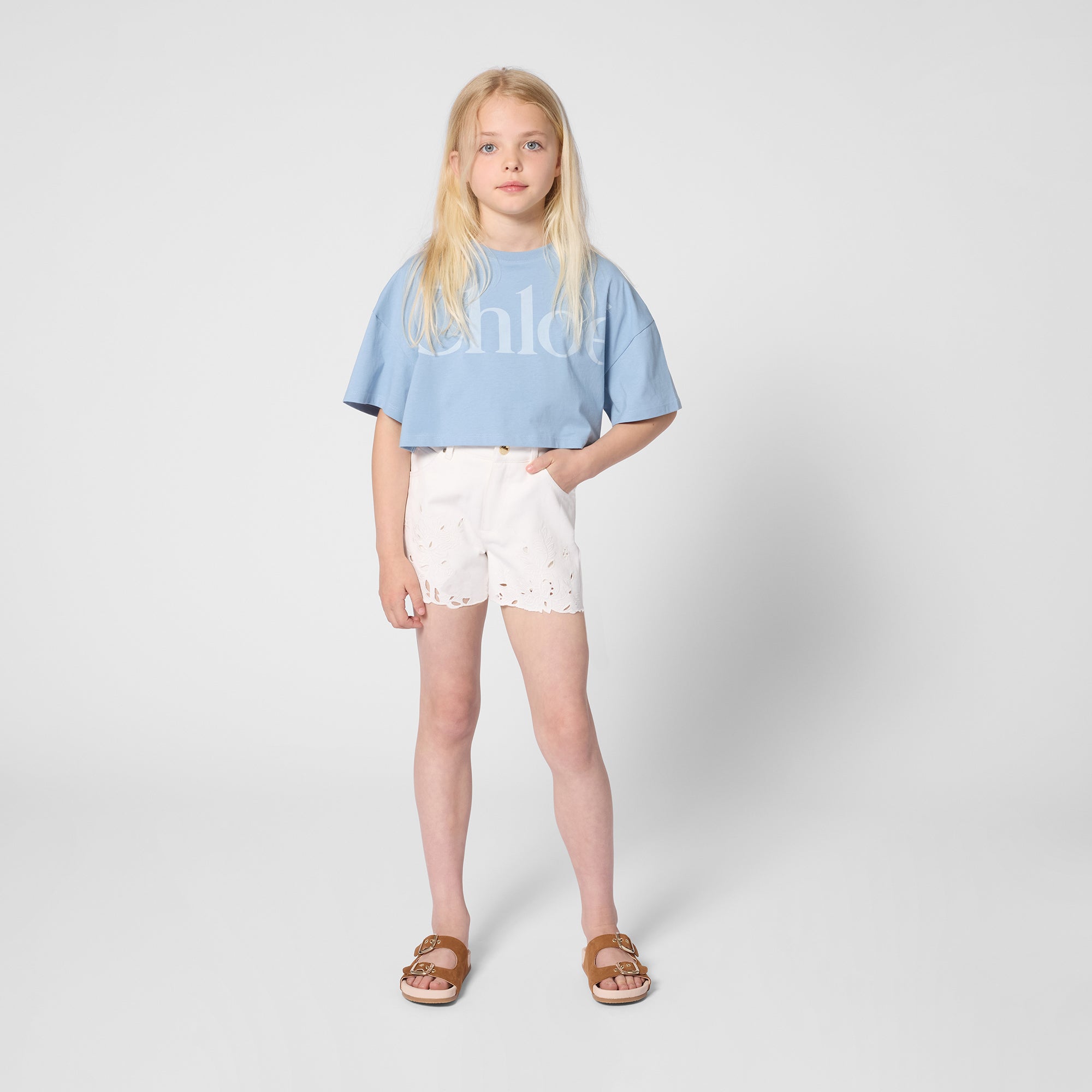 Girls Grey Blue Logo Cotton T-Shirt