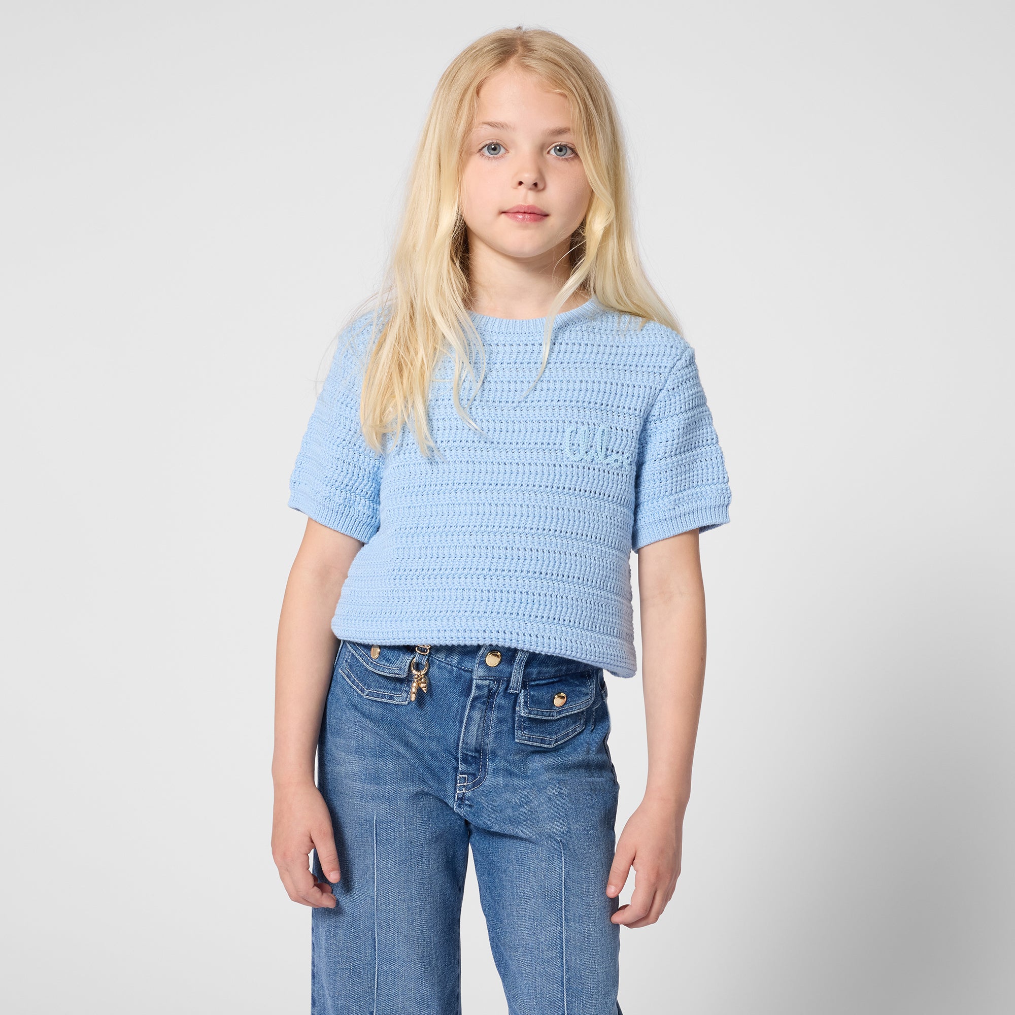 Girls Blue Hollow Cotton Knit Sweater
