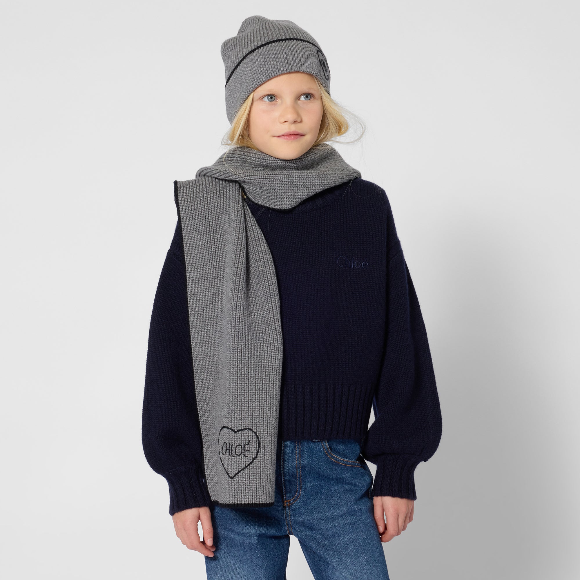 Girls Dark Blue Embroidered Logo Wool Sweater