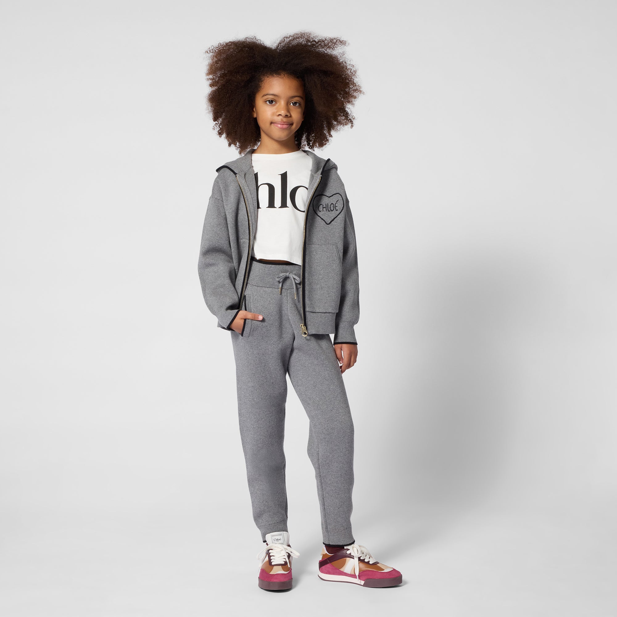 Girls Grey Hooded Cotton Zip-Up Top