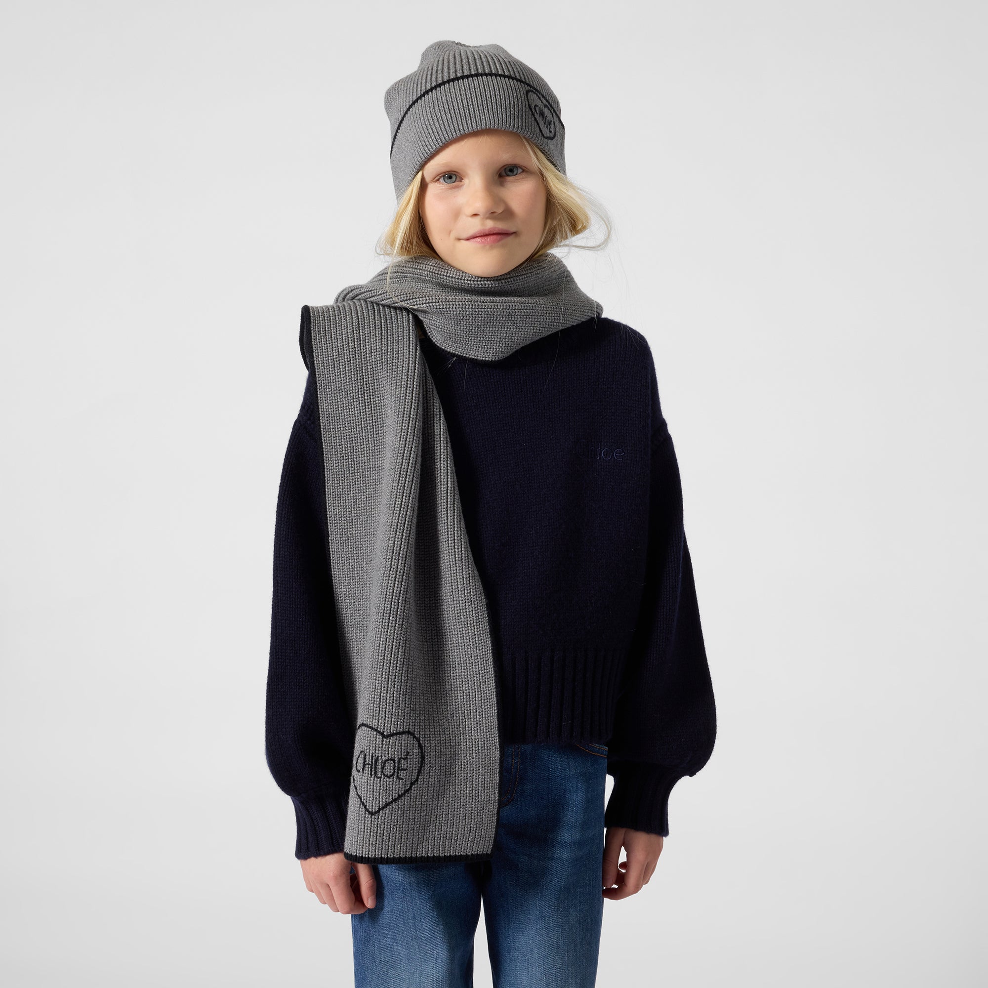 Girls Grey Embroidered Logo Scarf(22 x 180cm)