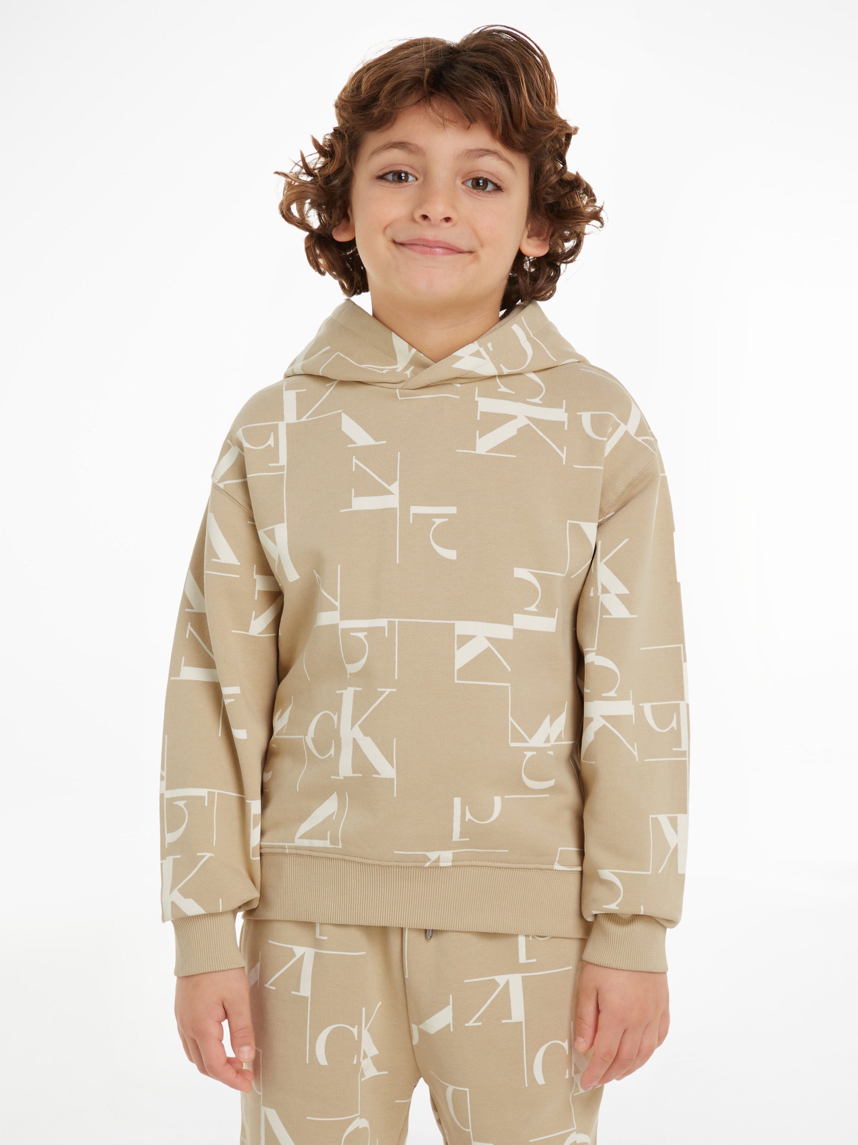 Calvin Klein Boys City Grid AOP Hoodie in Beige