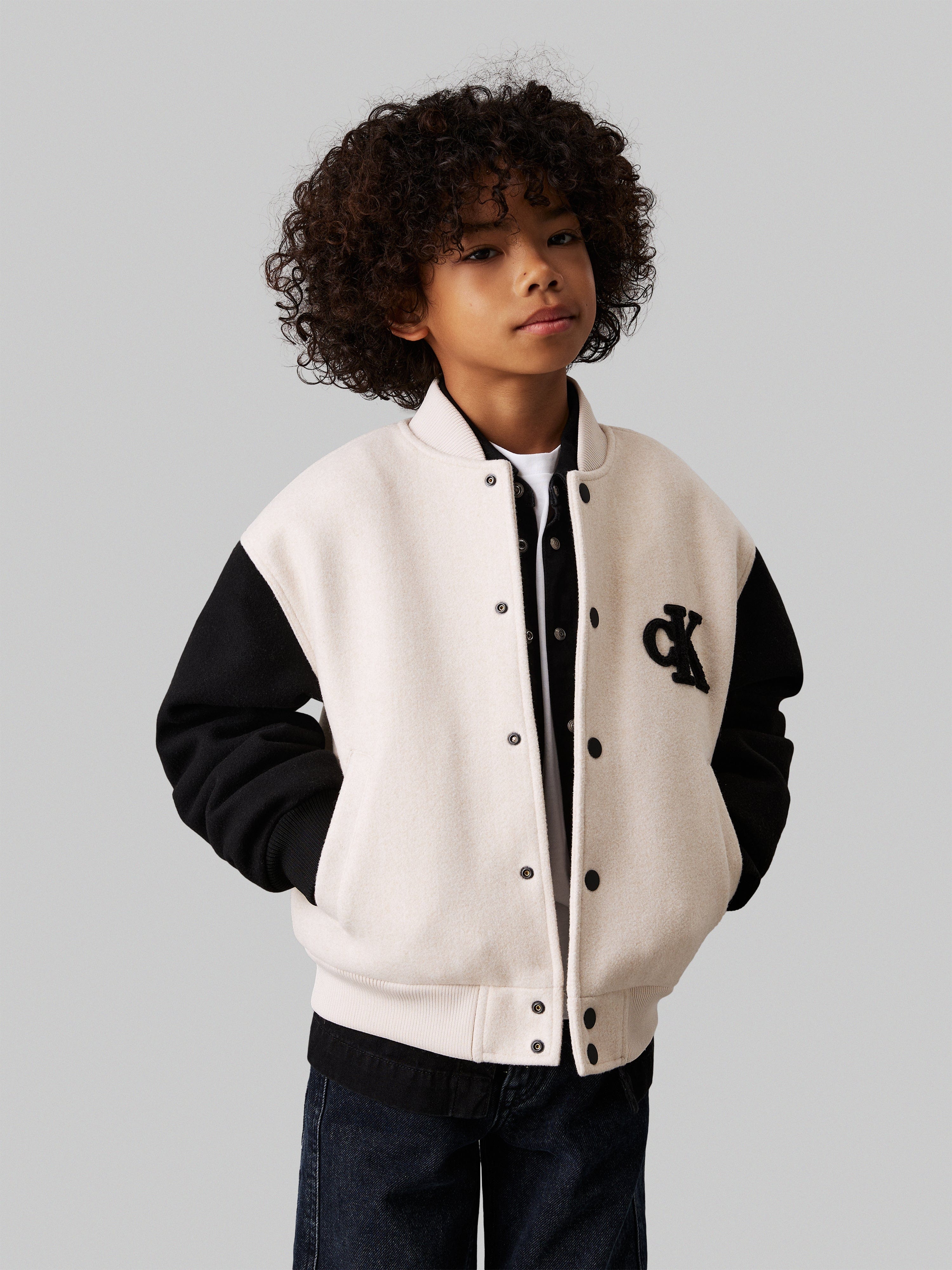 Calvin Klein Boys Heather Varsity Jacket in Beige