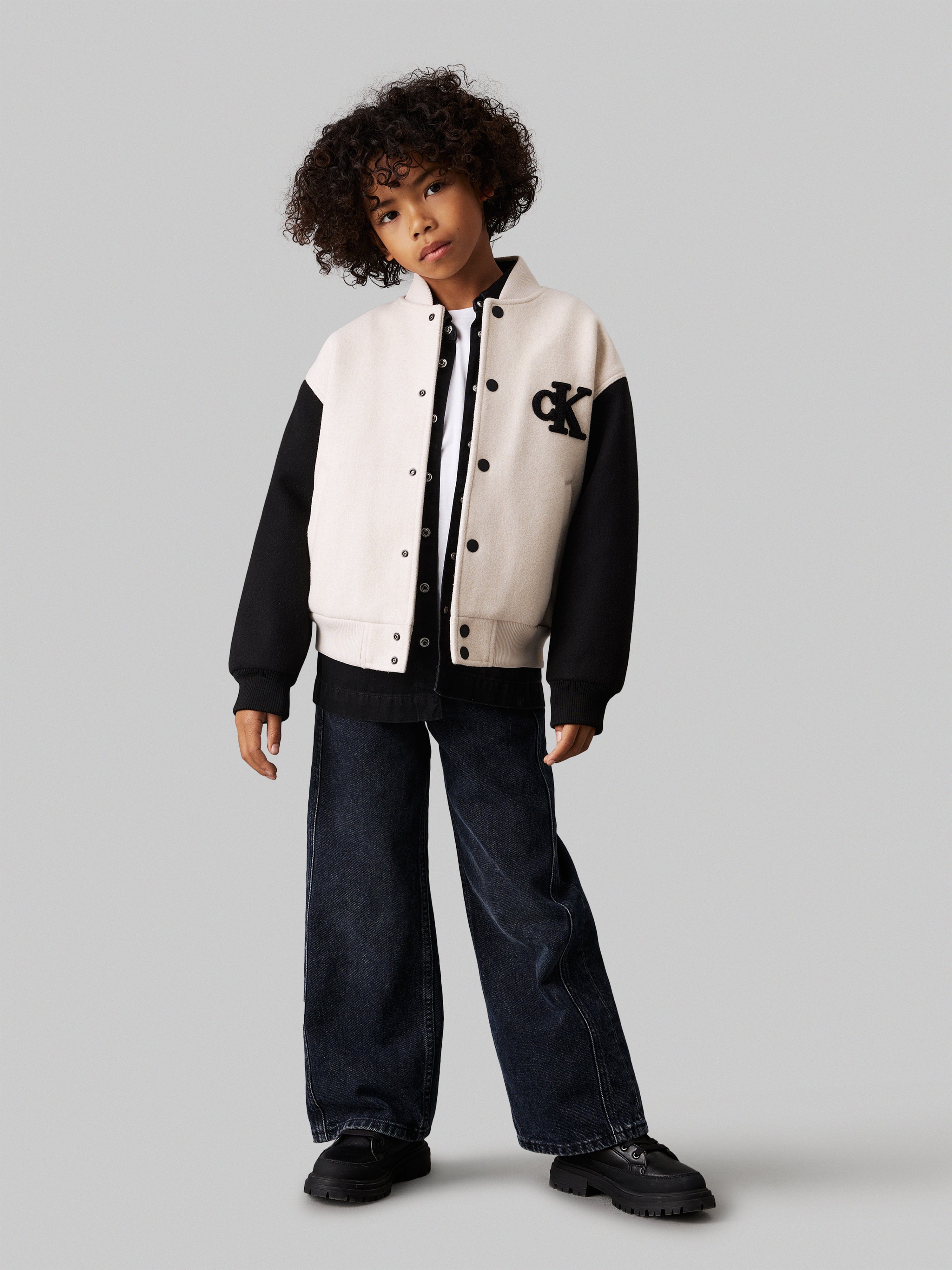 Calvin Klein Boys Heather Varsity Jacket in Beige
