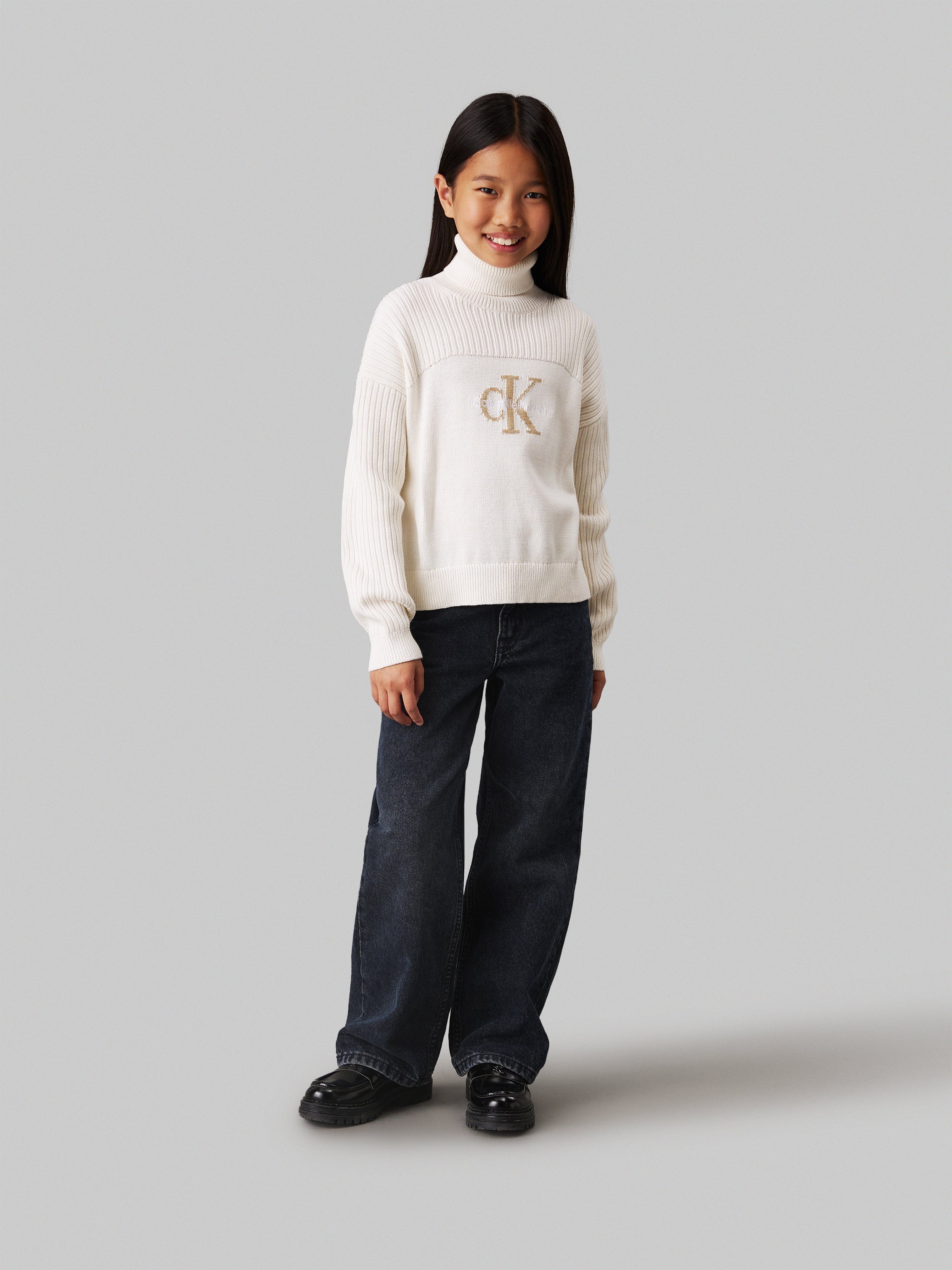 Calvin Klein Girls Logo Rollneck Sweater in Ivory