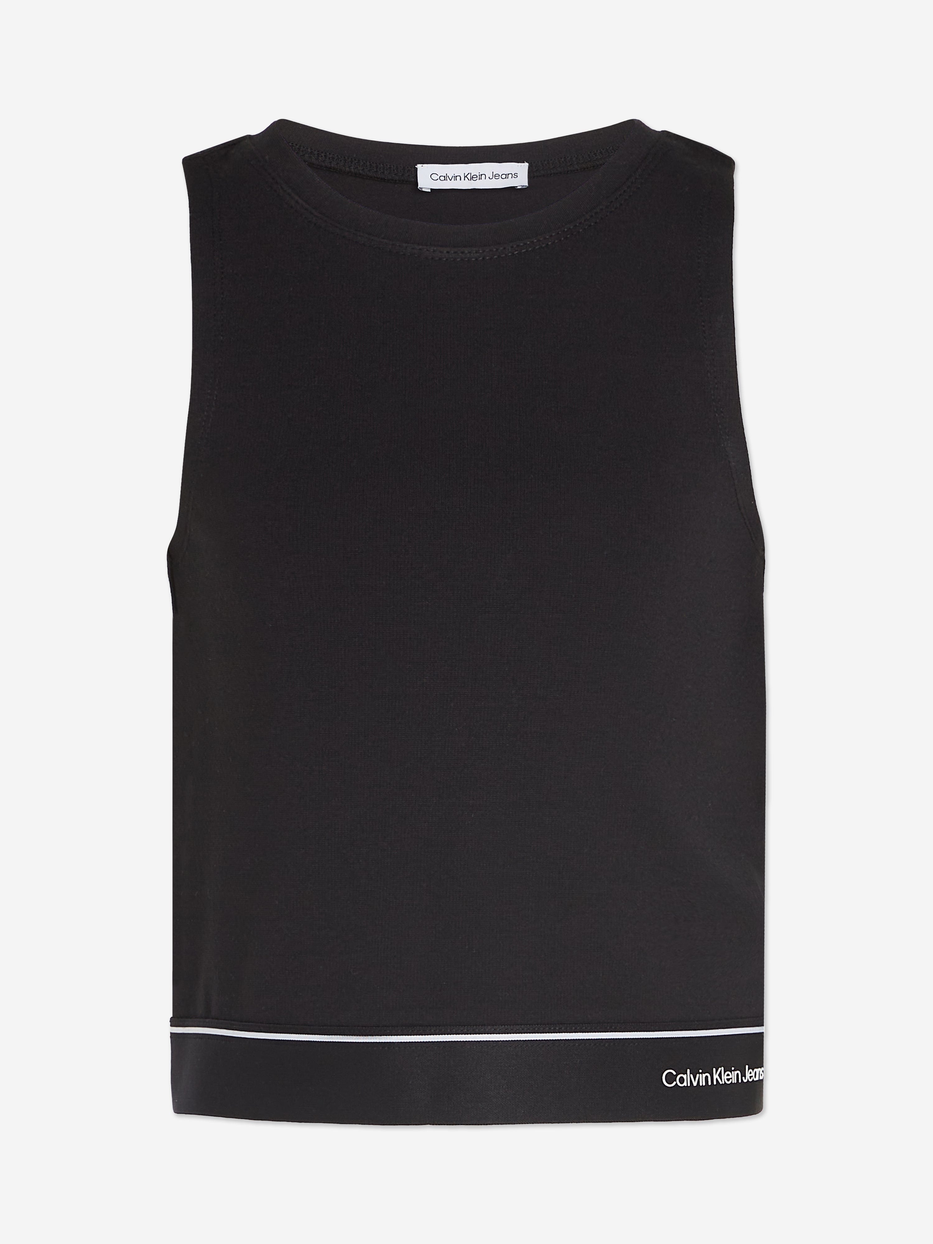 Calvin Klein Girls Logo Tape Sleeveless Punto Top in Black