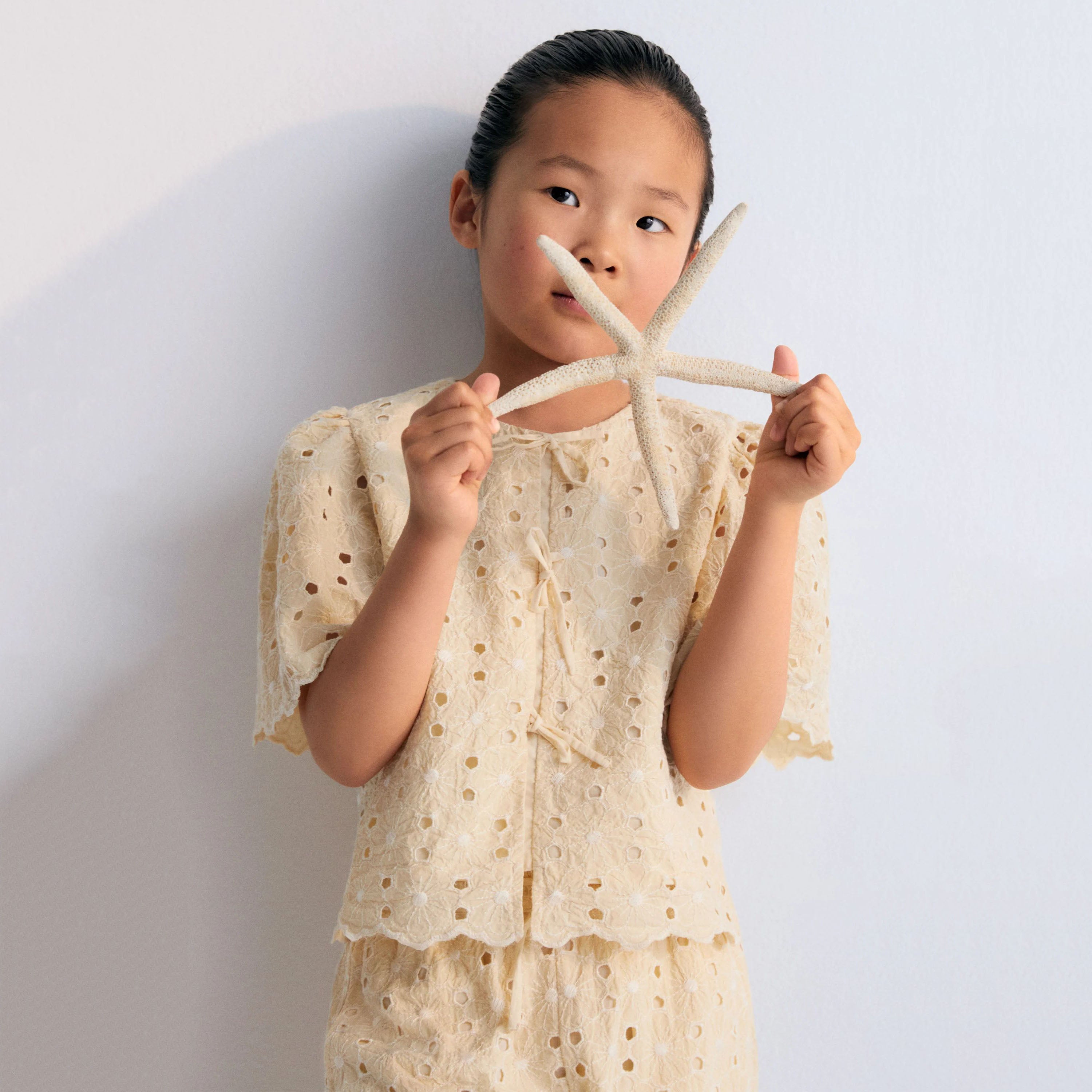 Girls Light Yellow Embroidered Cotton Top