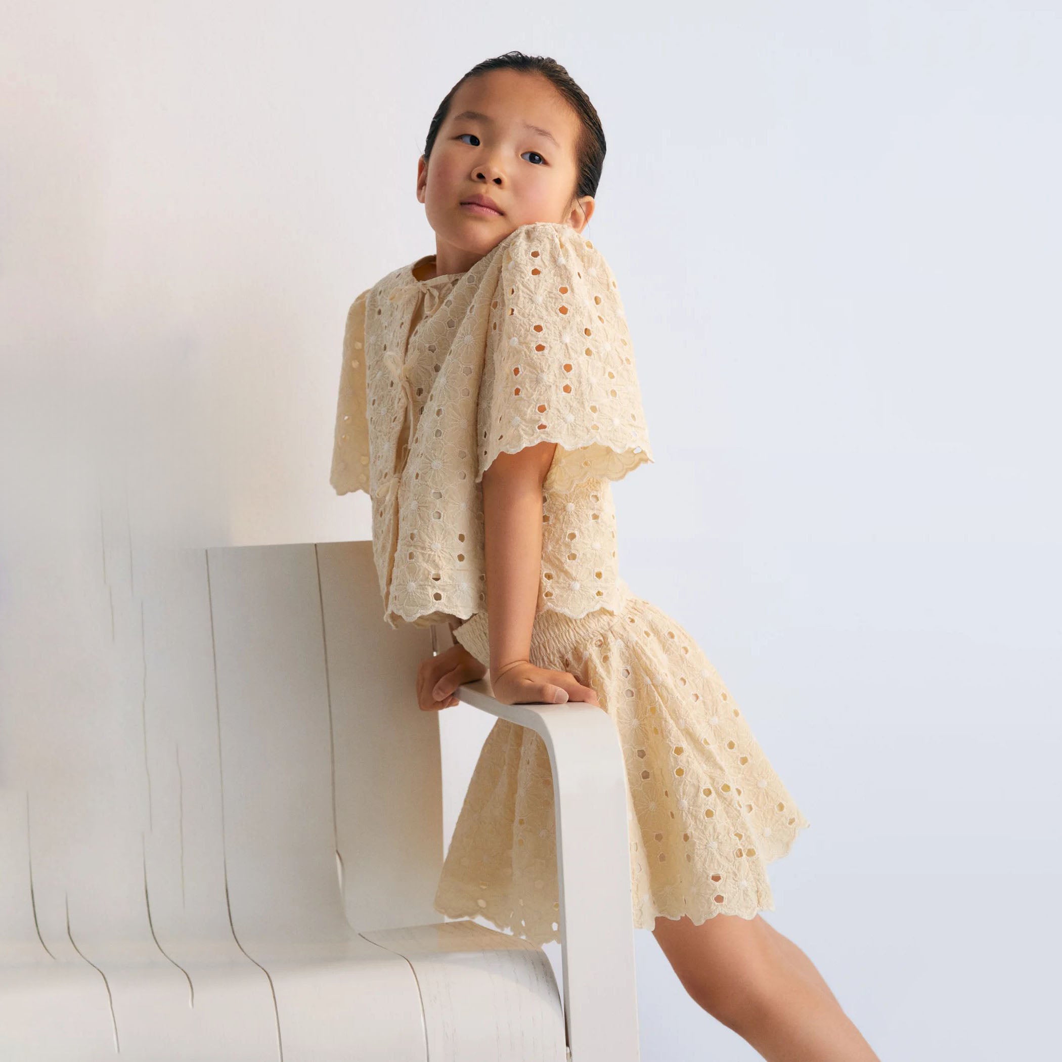 Girls Light Yellow Embroidered Cotton Top