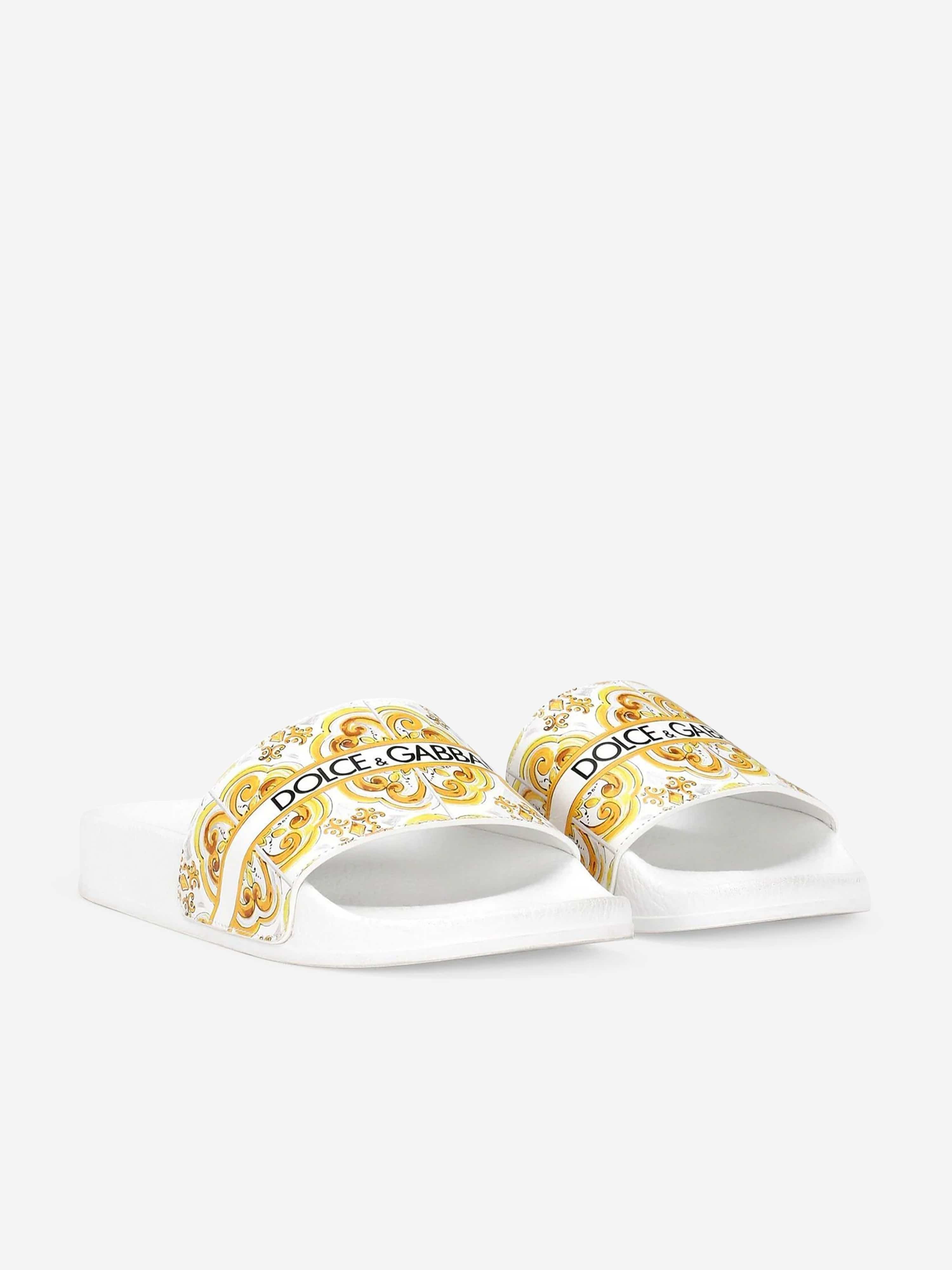Dolce & Gabbana Girls Leather Maiolica Sliders in Yellow