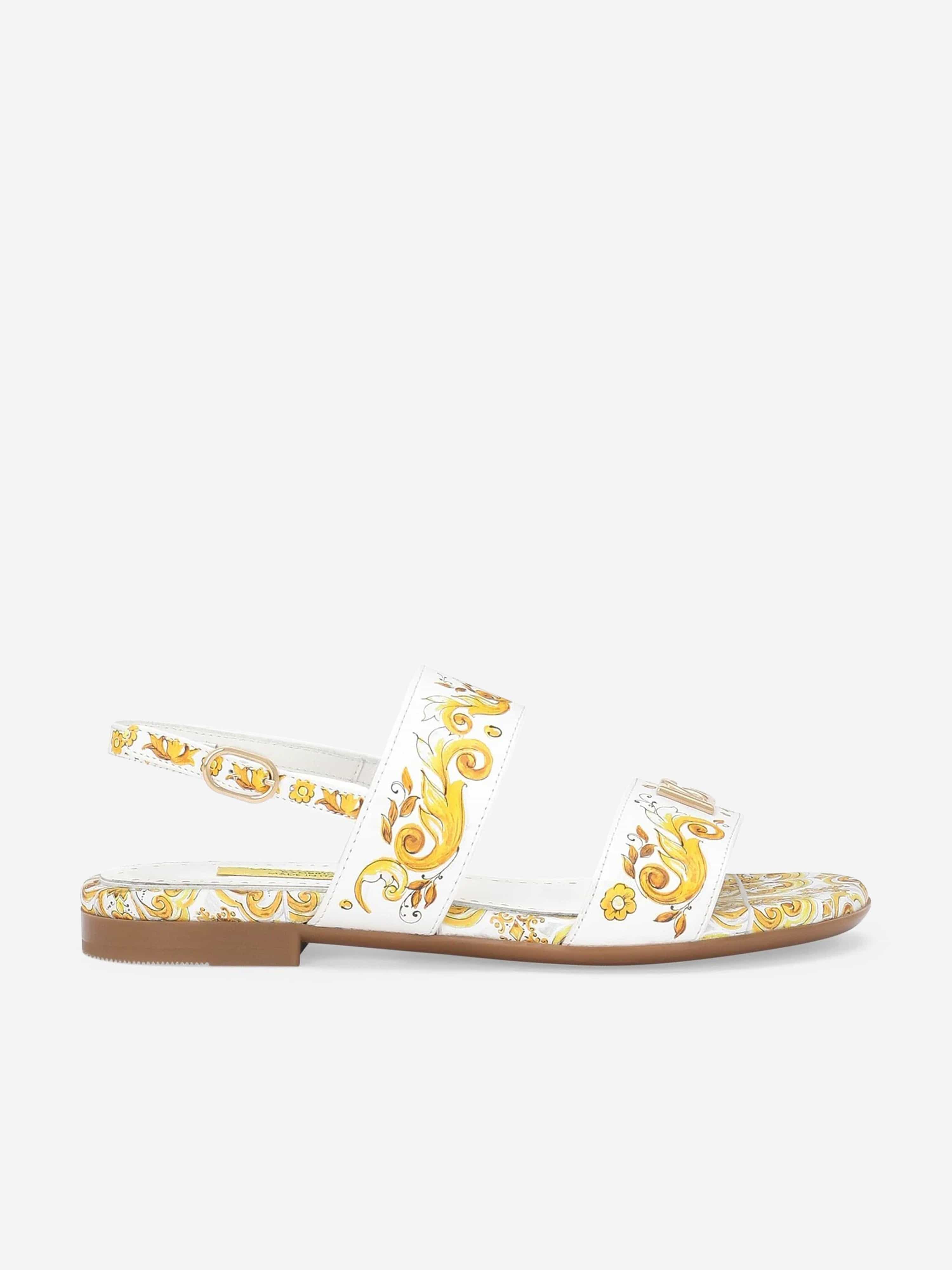 Dolce & Gabbana Girls Leather Maiolica Sandals in Yellow