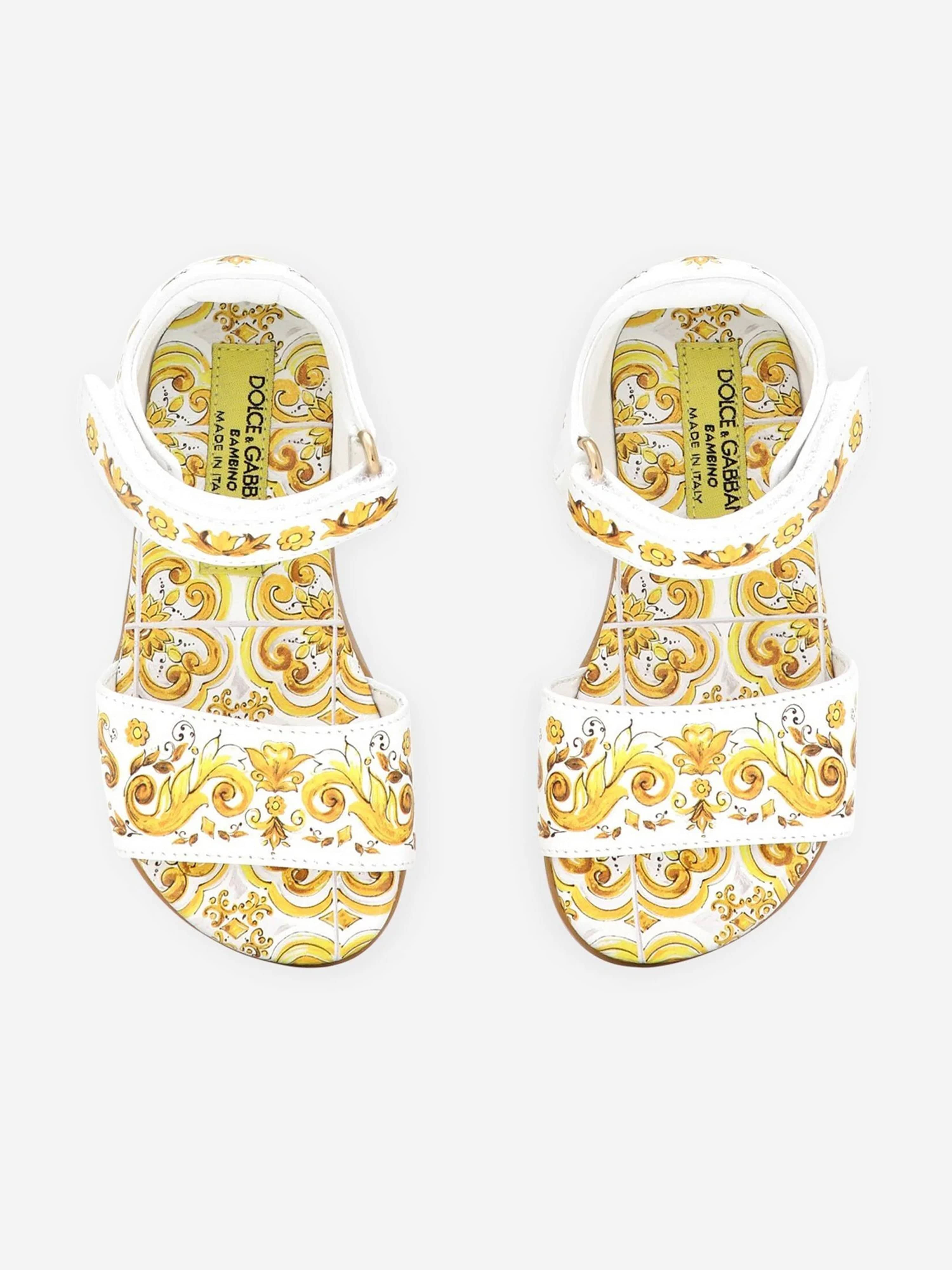 Dolce & Gabbana Girls Leather Maiolica Sandals in Yellow
