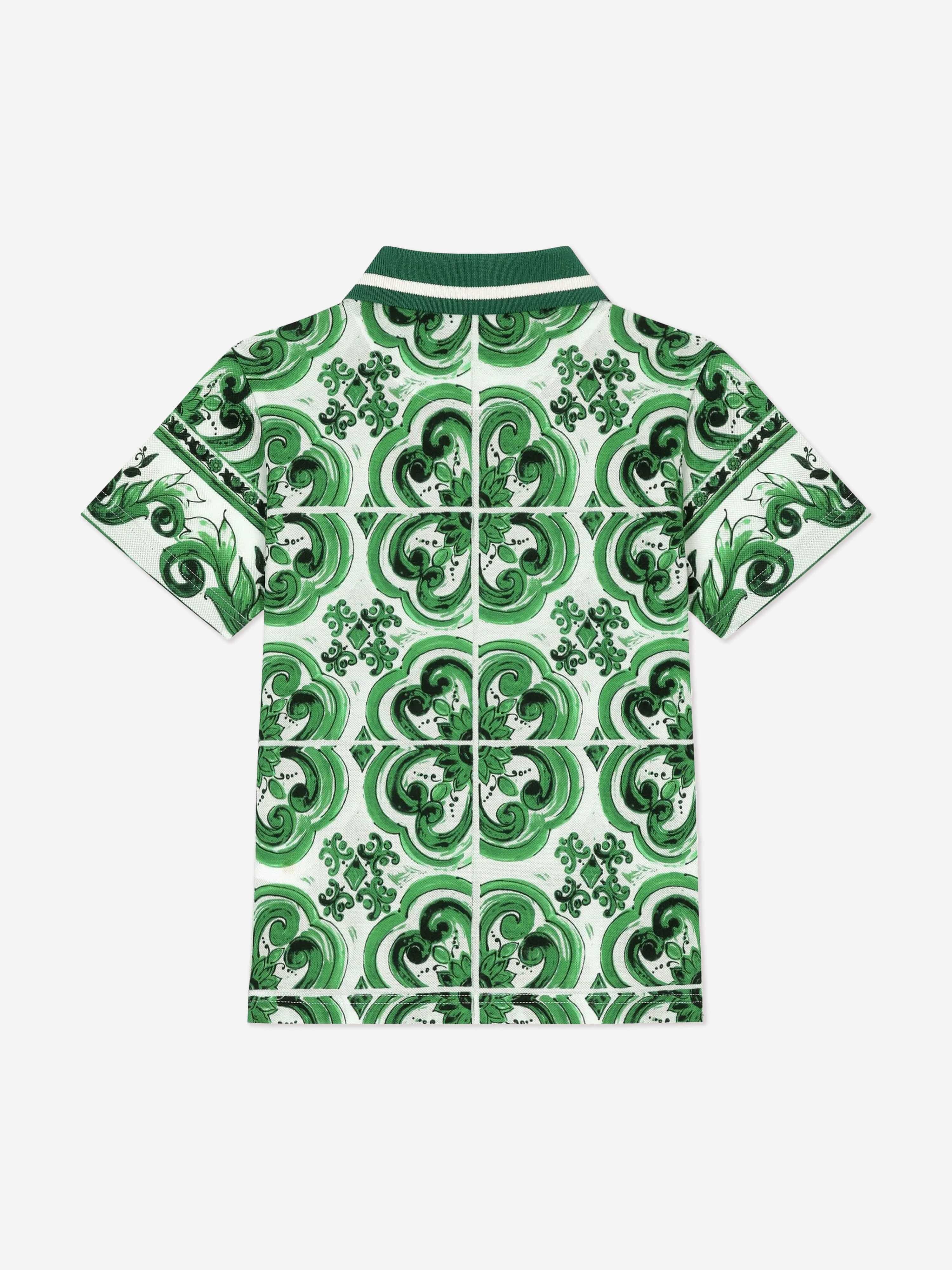 Dolce & Gabbana Boys Maiolica Print Polo Shirt in Green