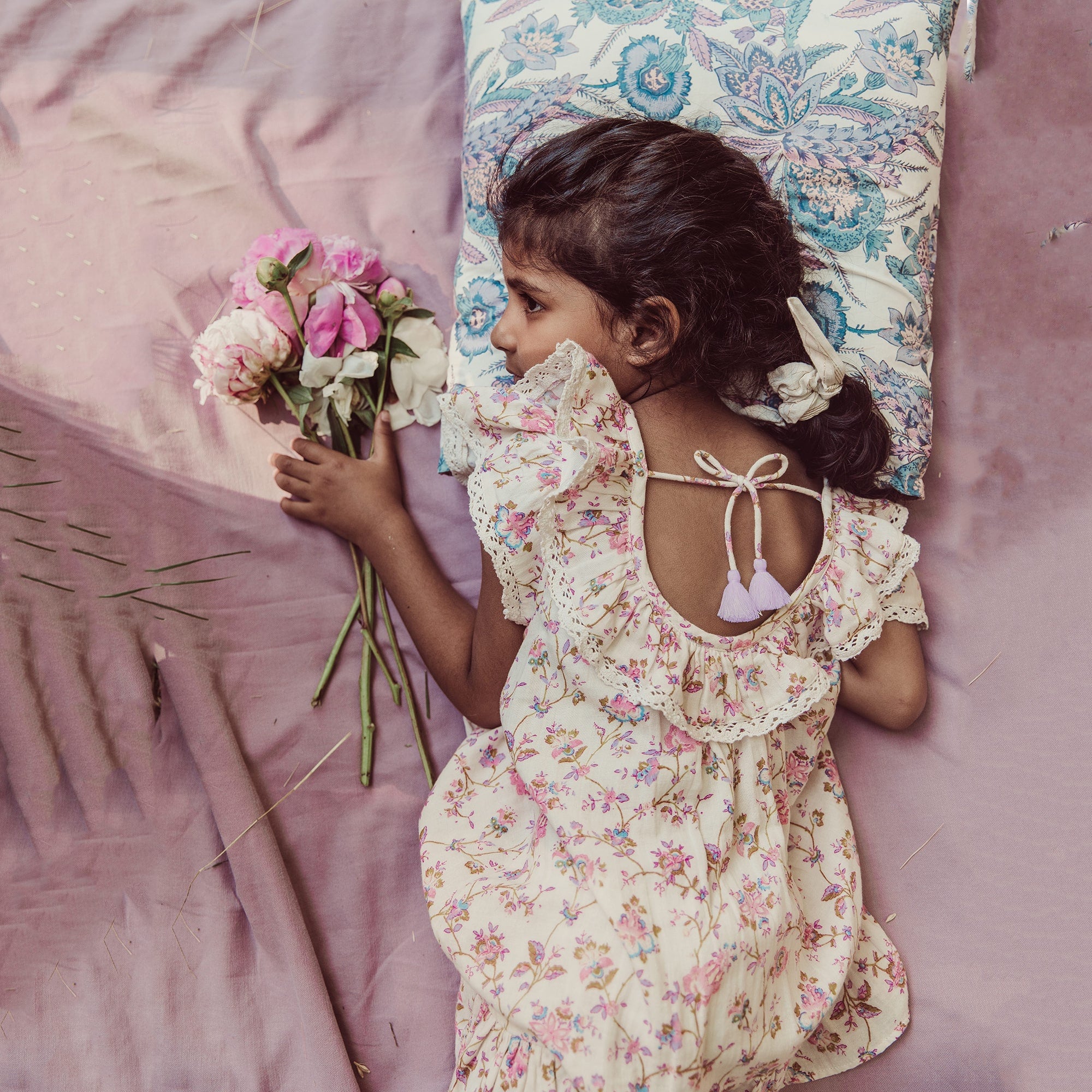 Girls Pink Floral Ruffled Cotton Dress