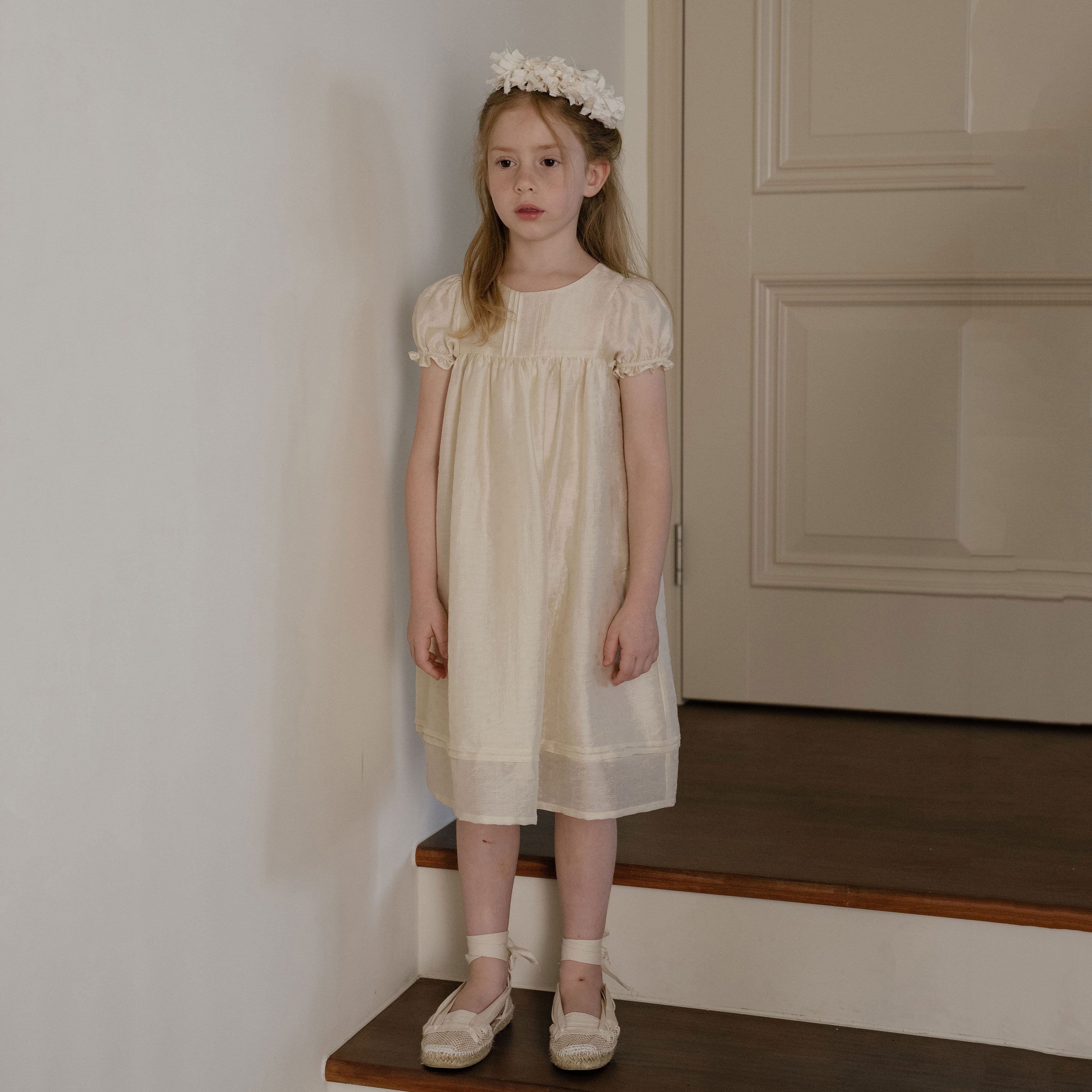 Girls Beige Jacquard Dress