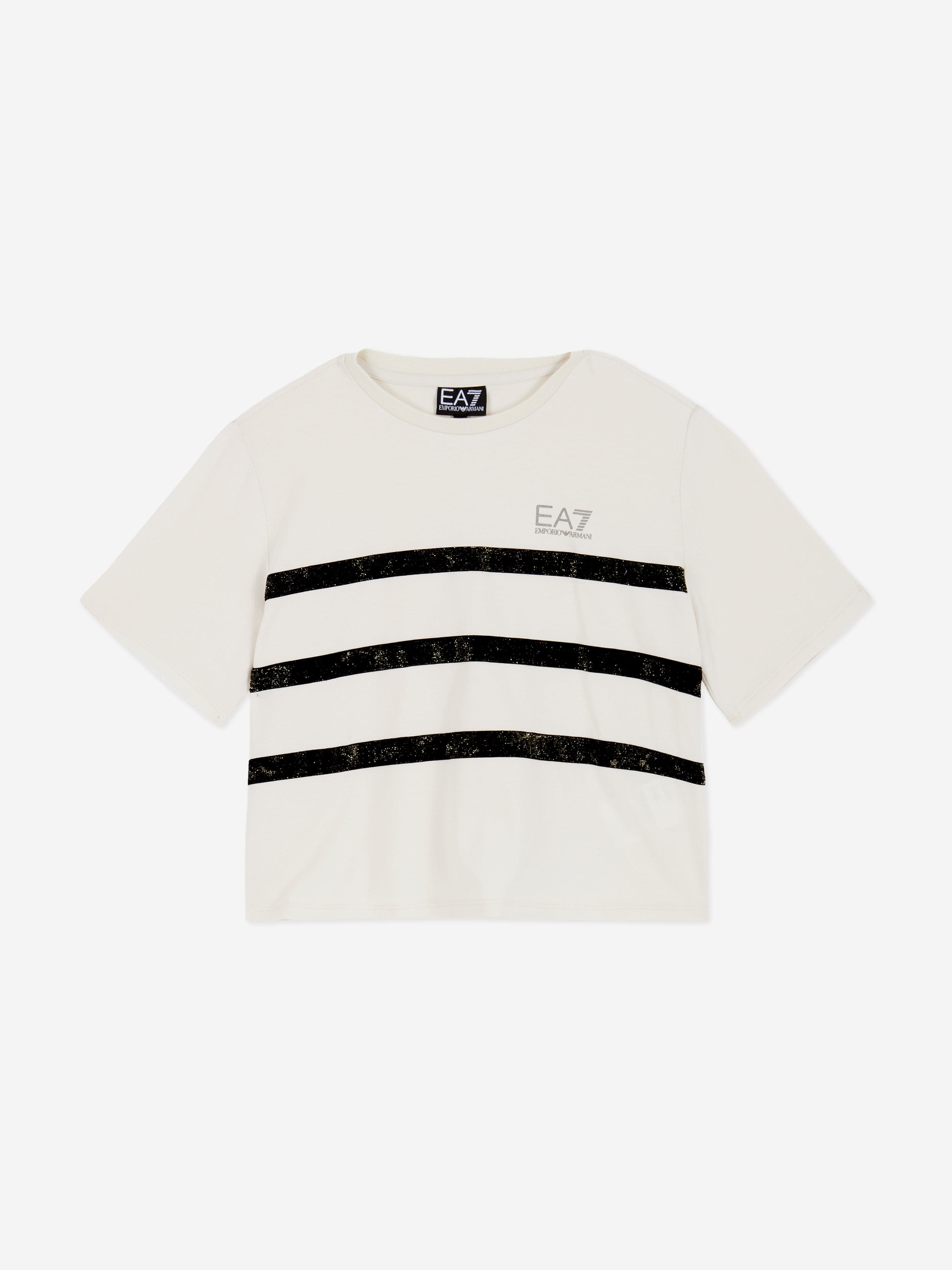 EA7 Emporio Armani Girls Striped Logo T-Shirt in Beige
