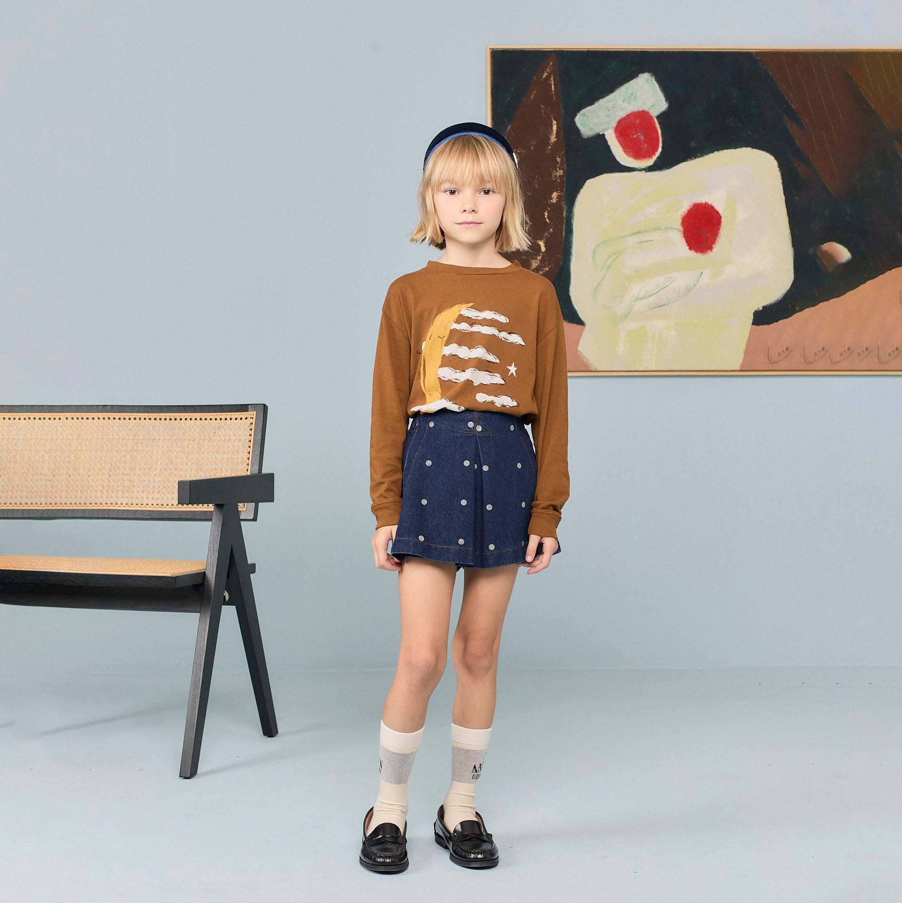 Girls Blue Dots Denim Skirt