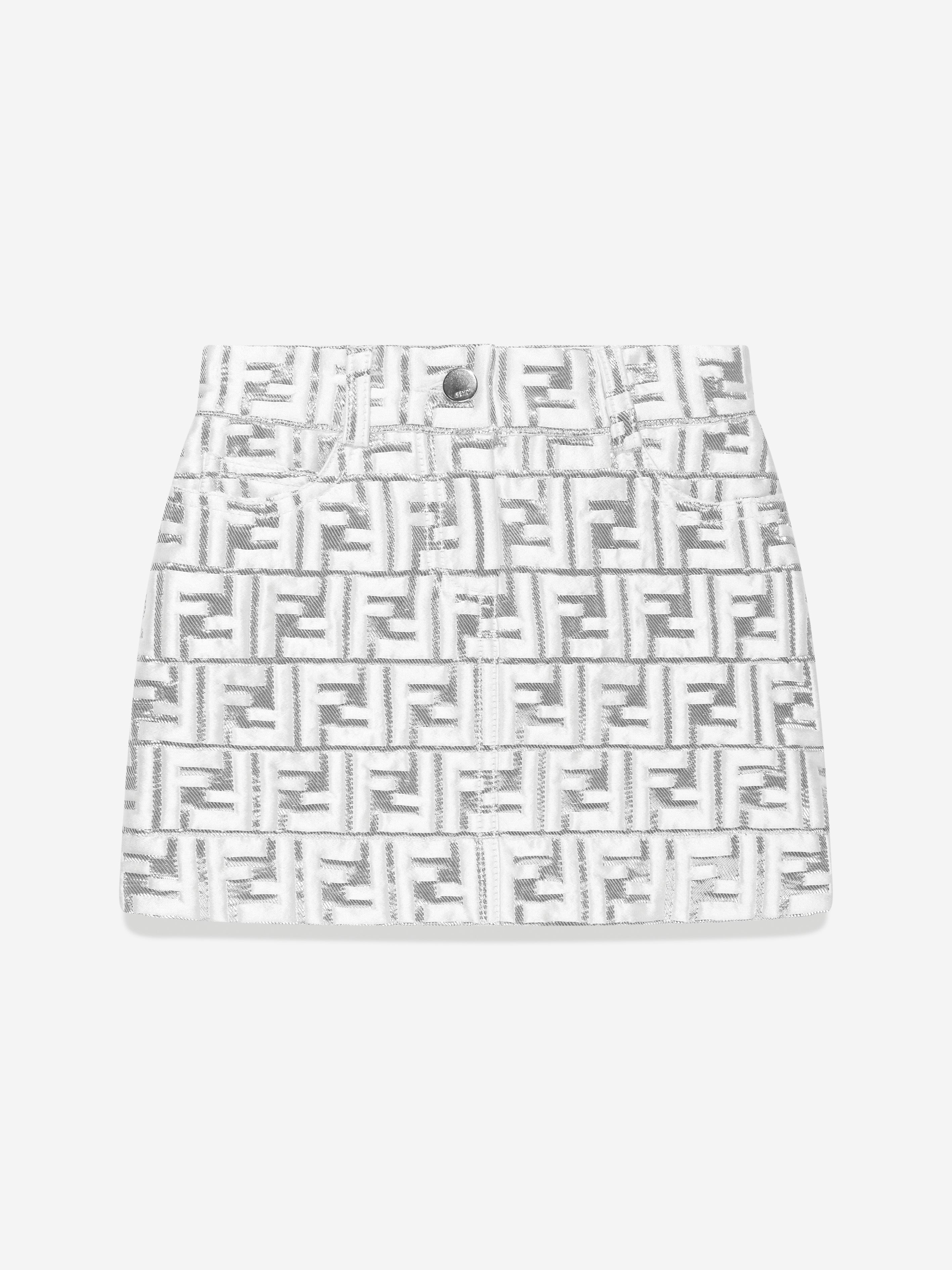 Girls Metallic FF Brocade Skirt in Silver