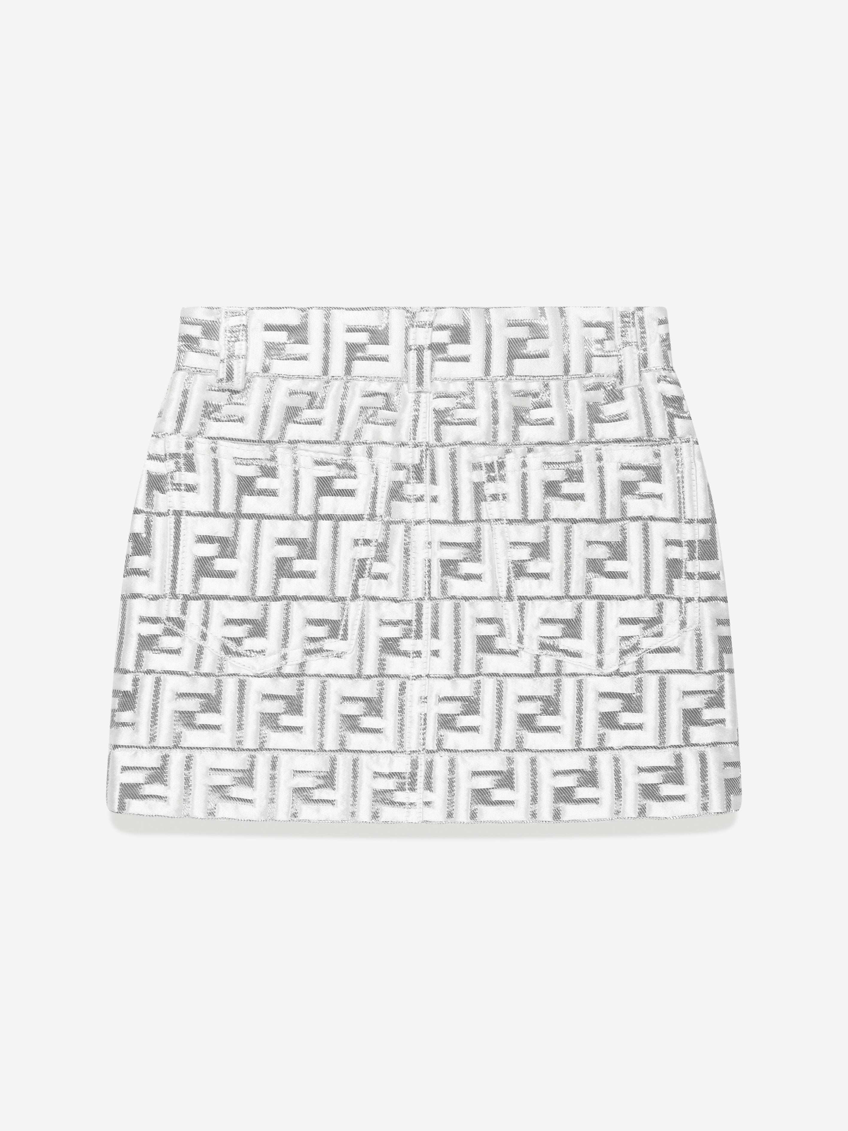 Girls Metallic FF Brocade Skirt in Silver