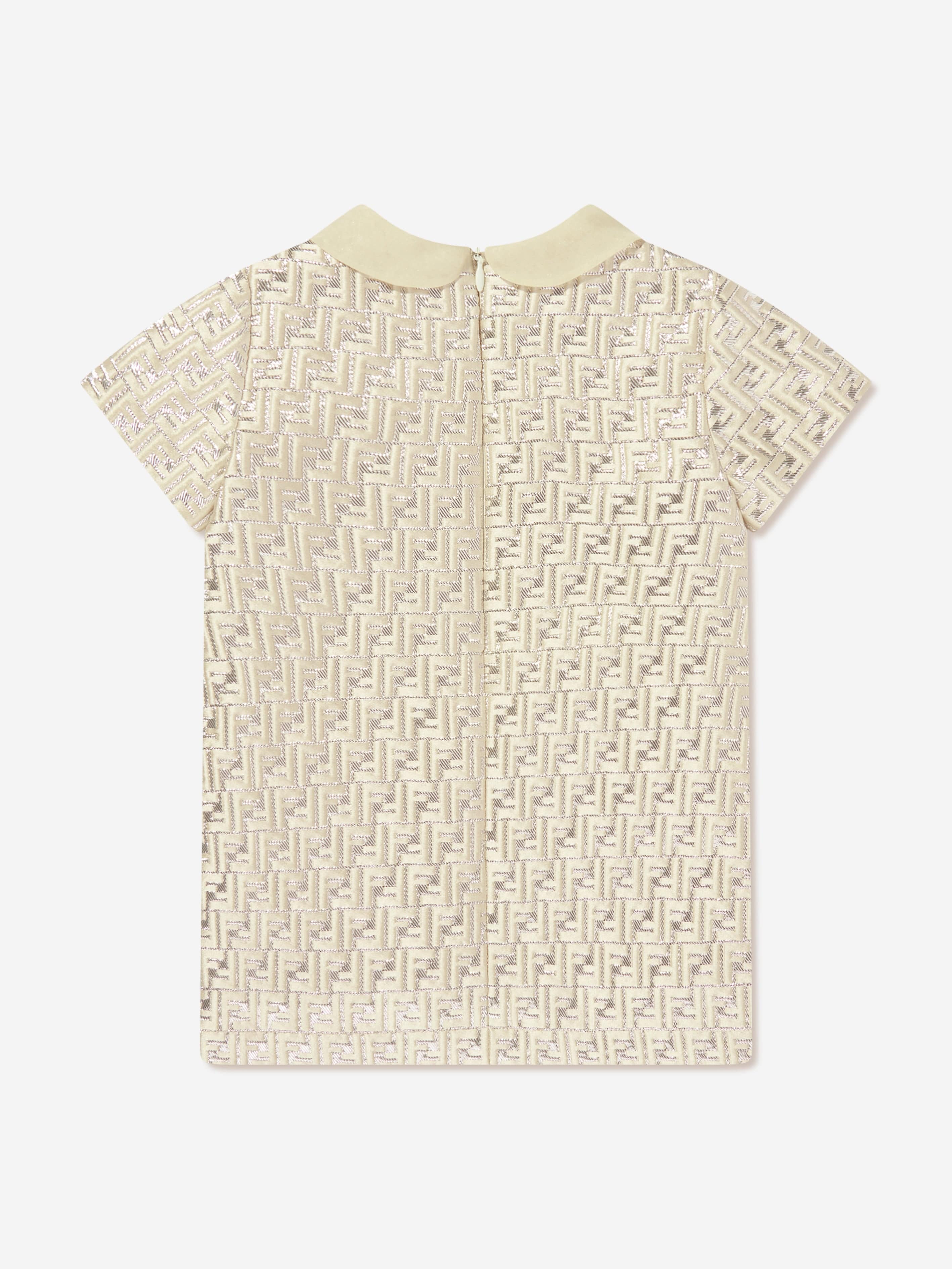 Fendi Baby Girls FF Silk Brocade Dress in Beige