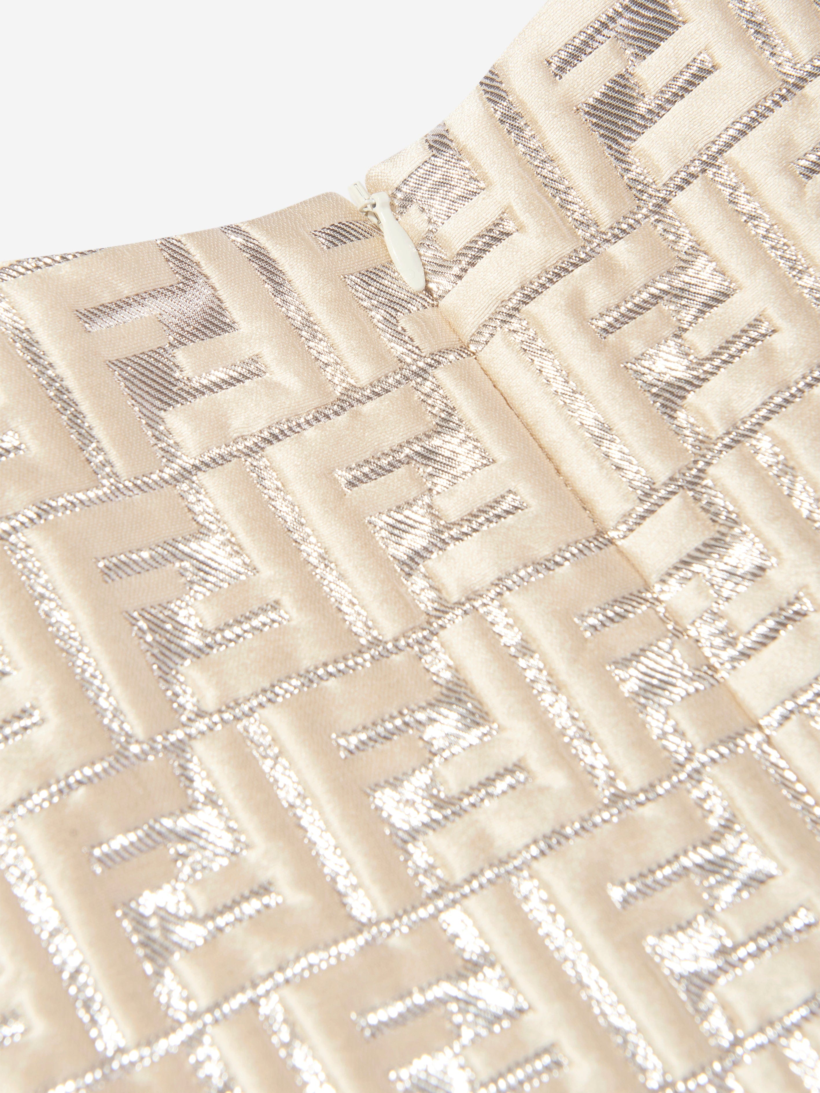Fendi Girls FF Silk Brocade Dress in Beige
