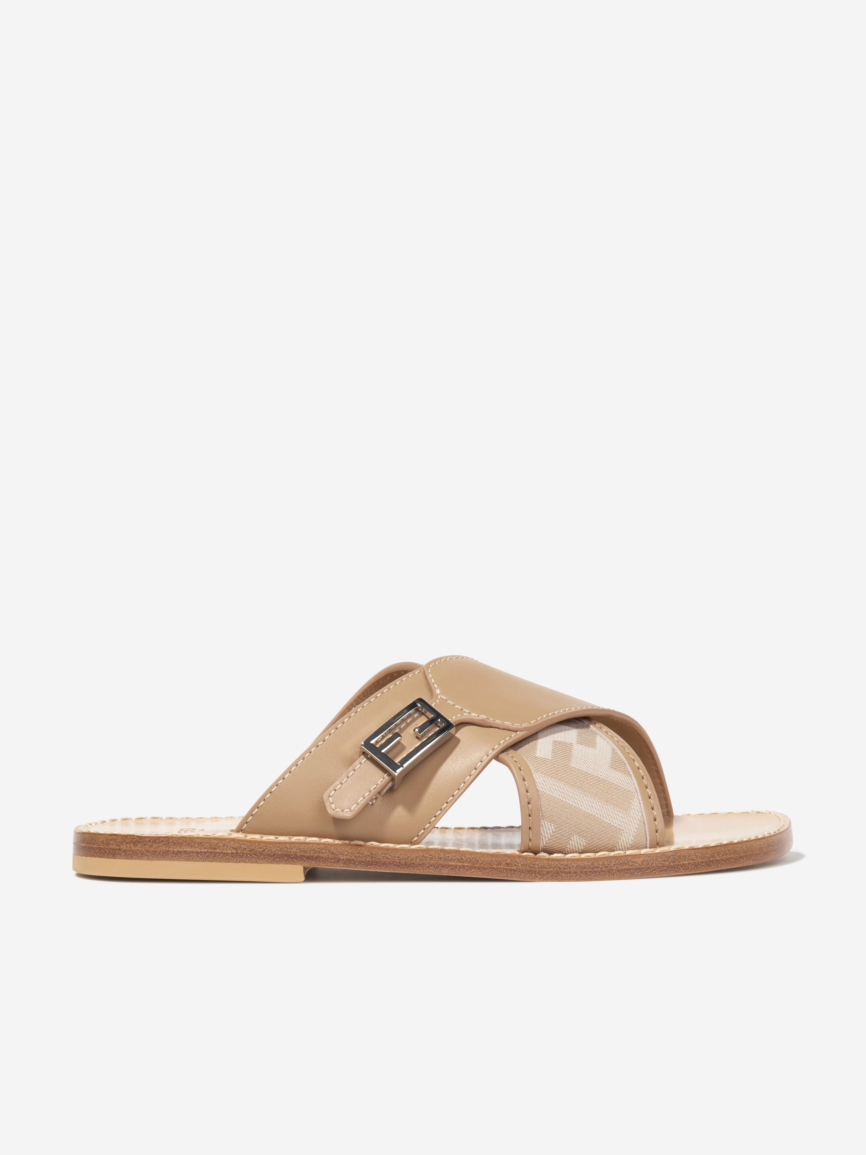 Girls Leather FF Logo Sandals in Beige