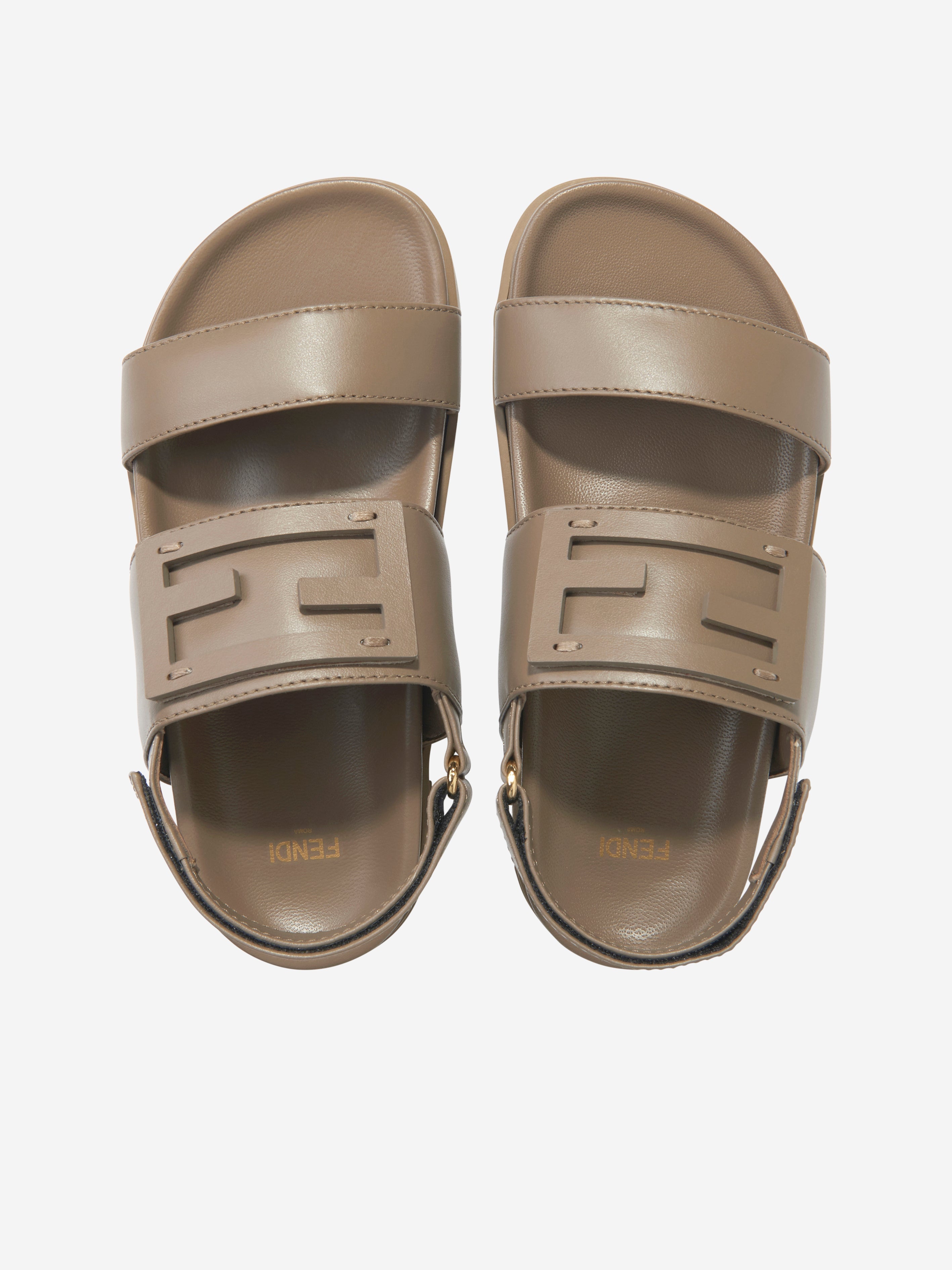 Kids Leather FF Logo Sandals in Beige