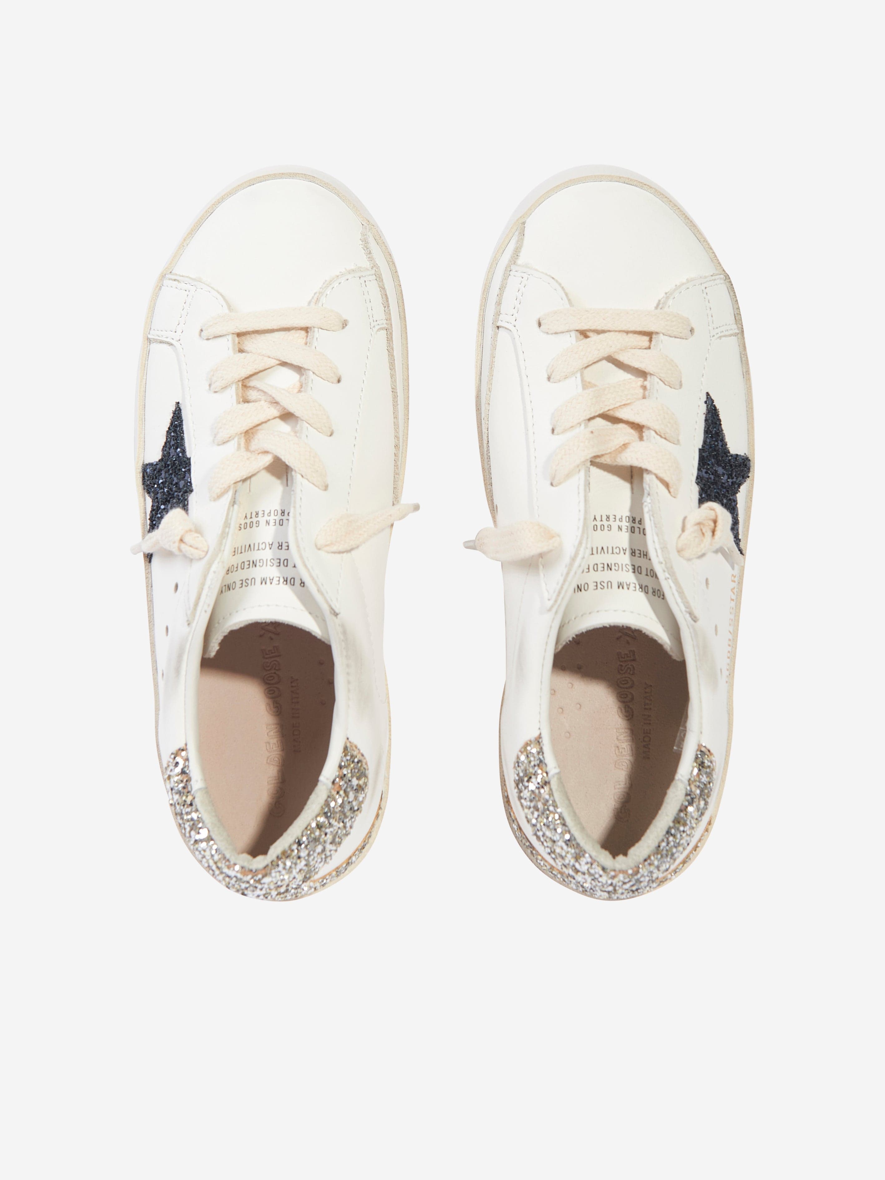 Golden Goose Girls Leather and Glitter Super Star Trainers in White