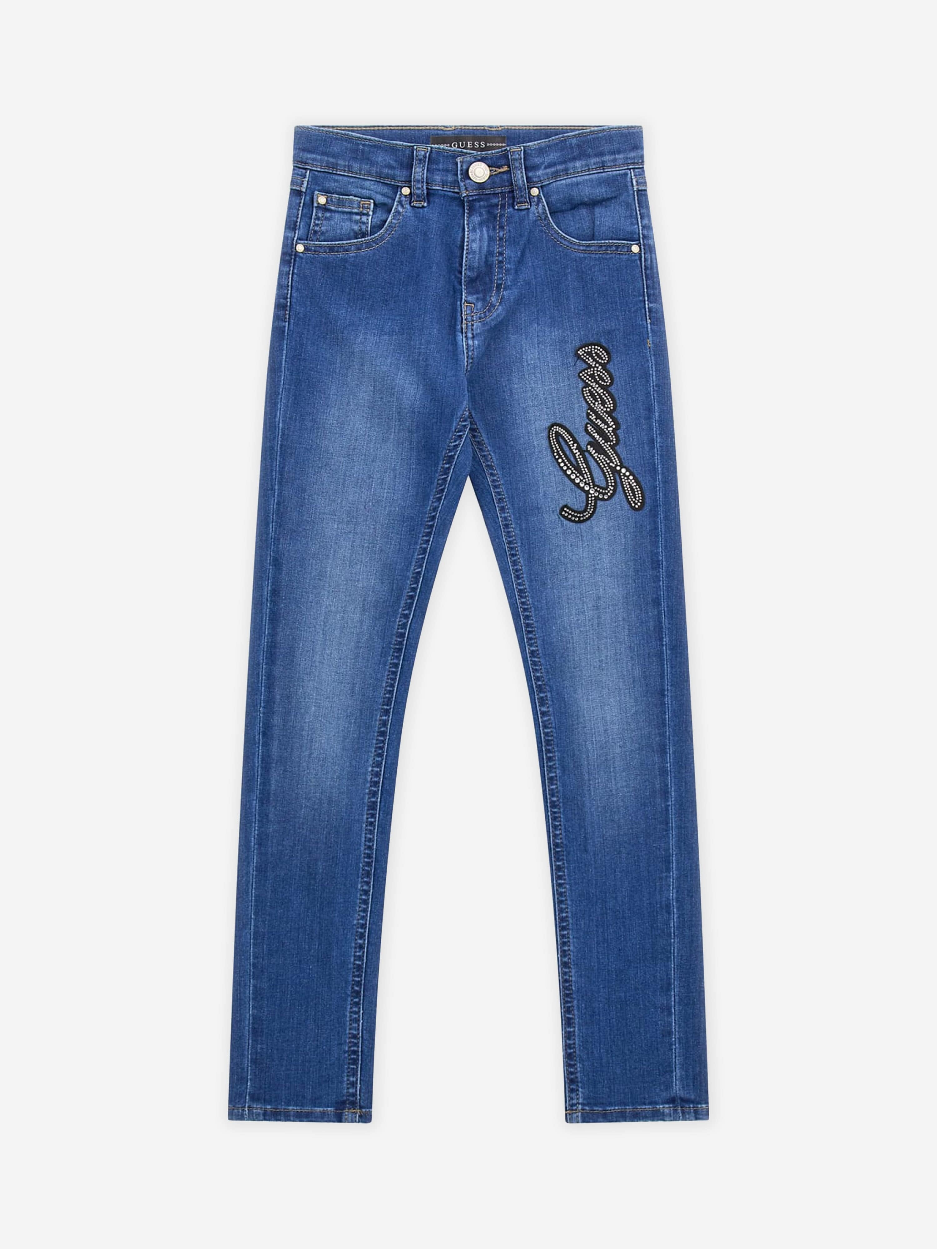 Girls Diamante Logo Skinny Jeans in Blue