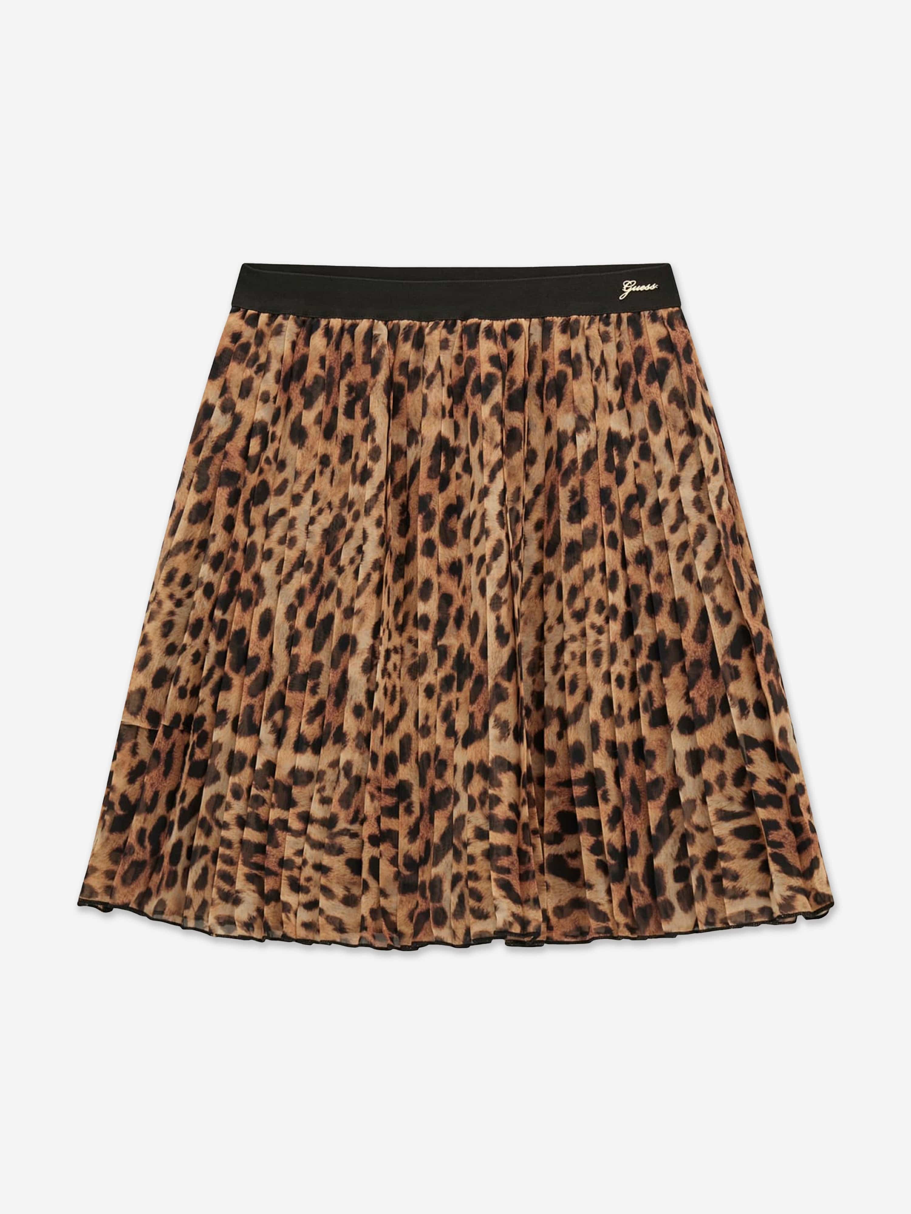 Girls Leopard Chiffon Pleated Midi Skirt in Brown