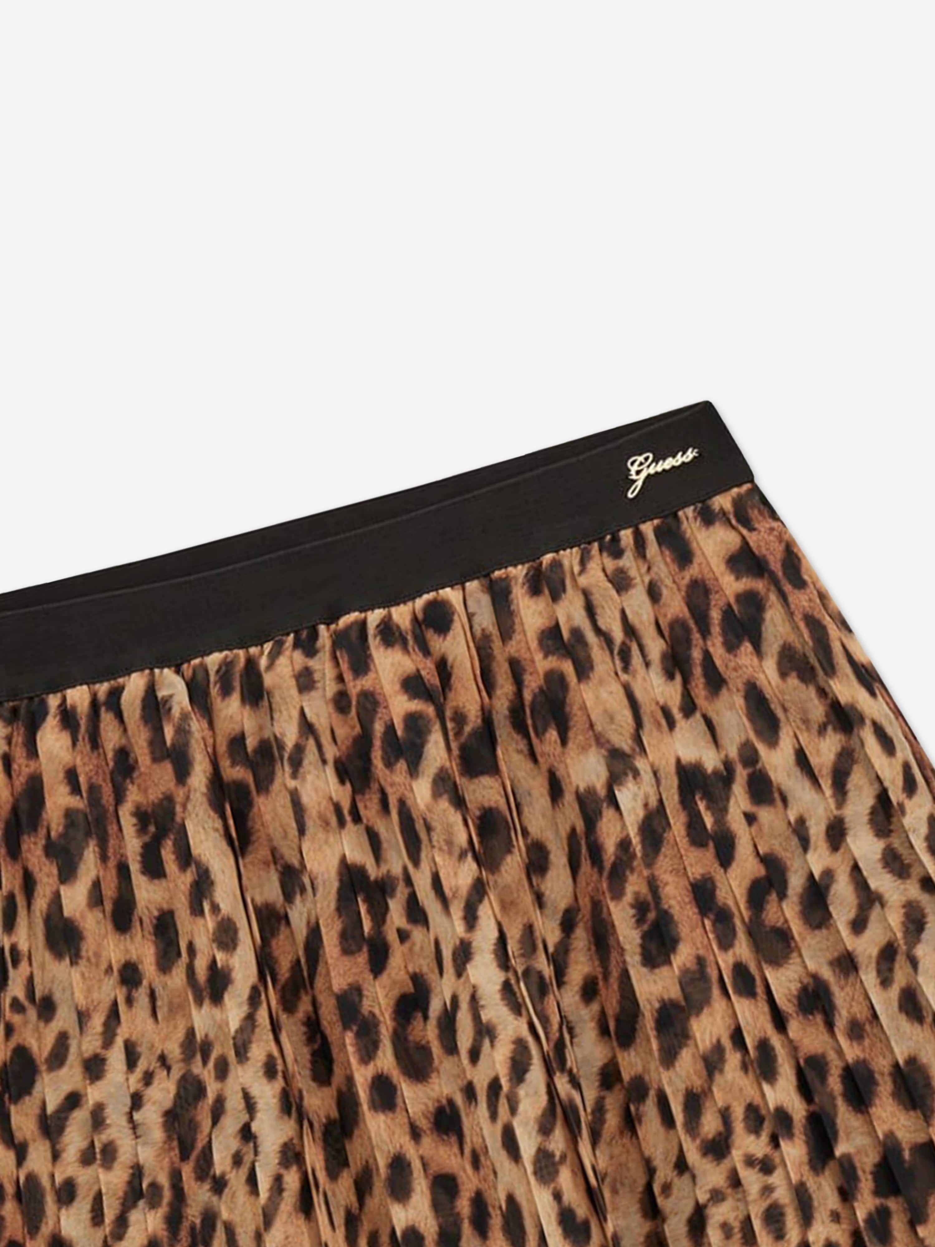 Girls Leopard Chiffon Pleated Midi Skirt in Brown
