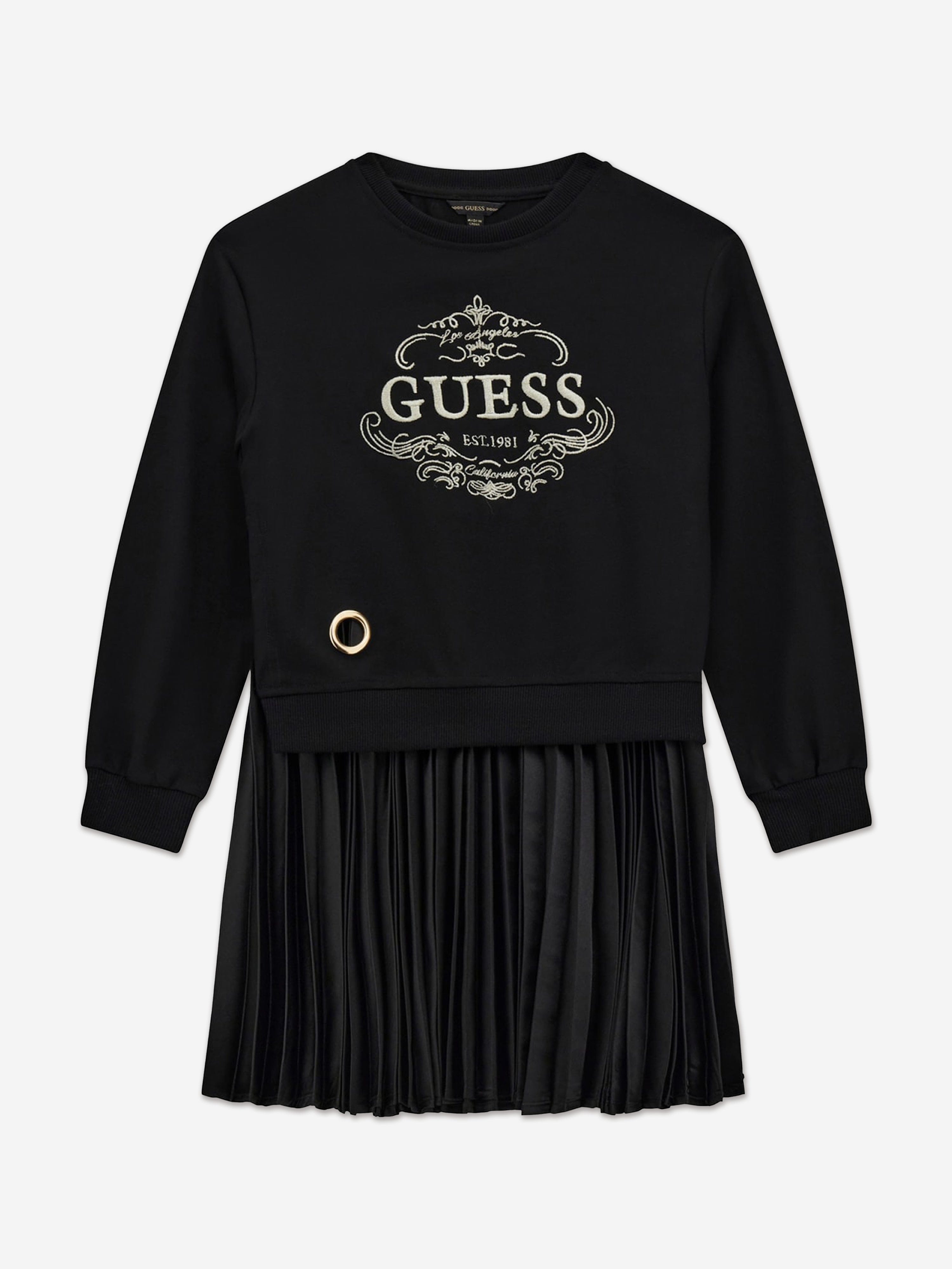 Girls Mixed Fabric Pleated Dress in Black