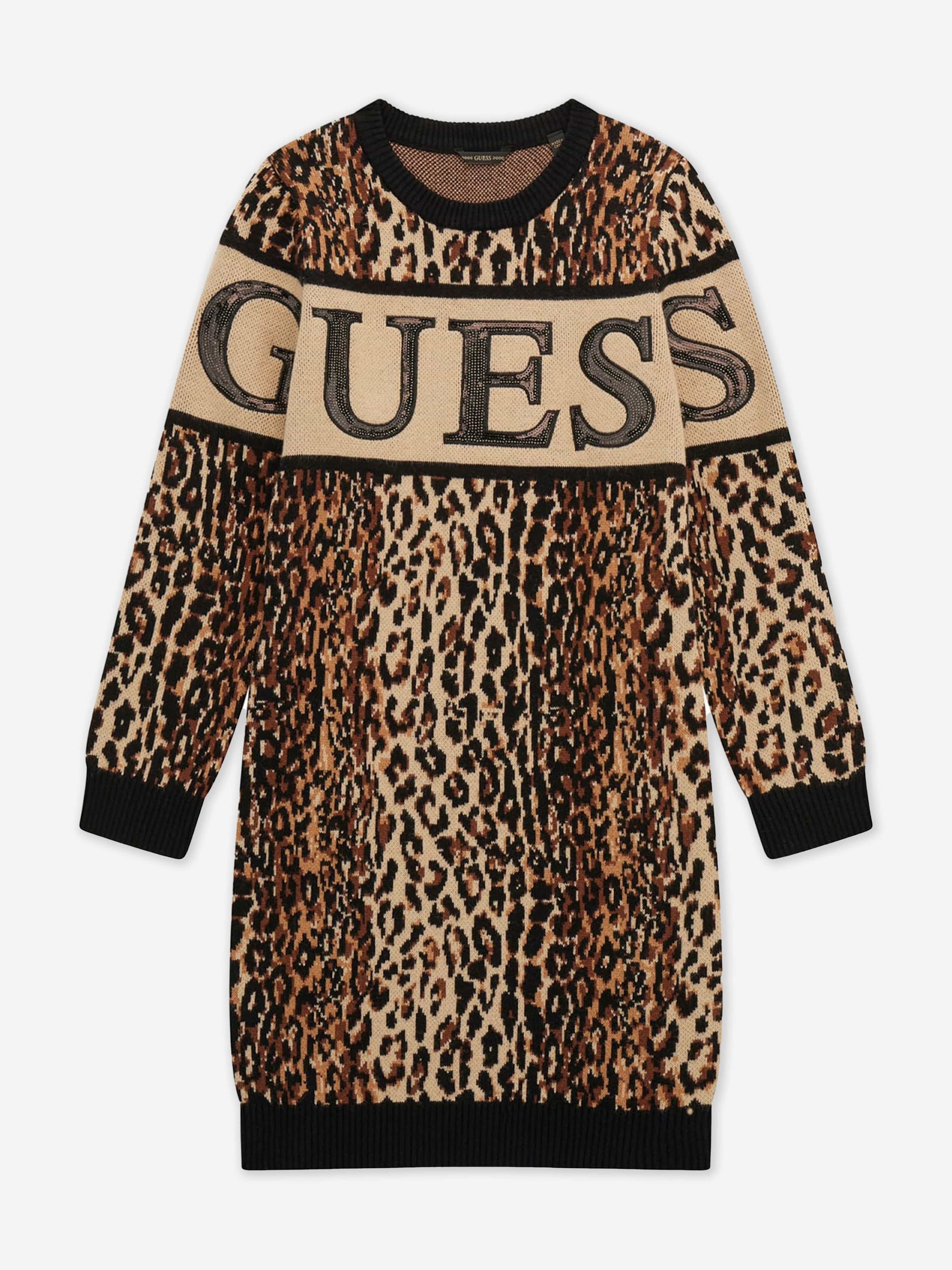 Girls Leopard Print Sweater Dress in Brown
