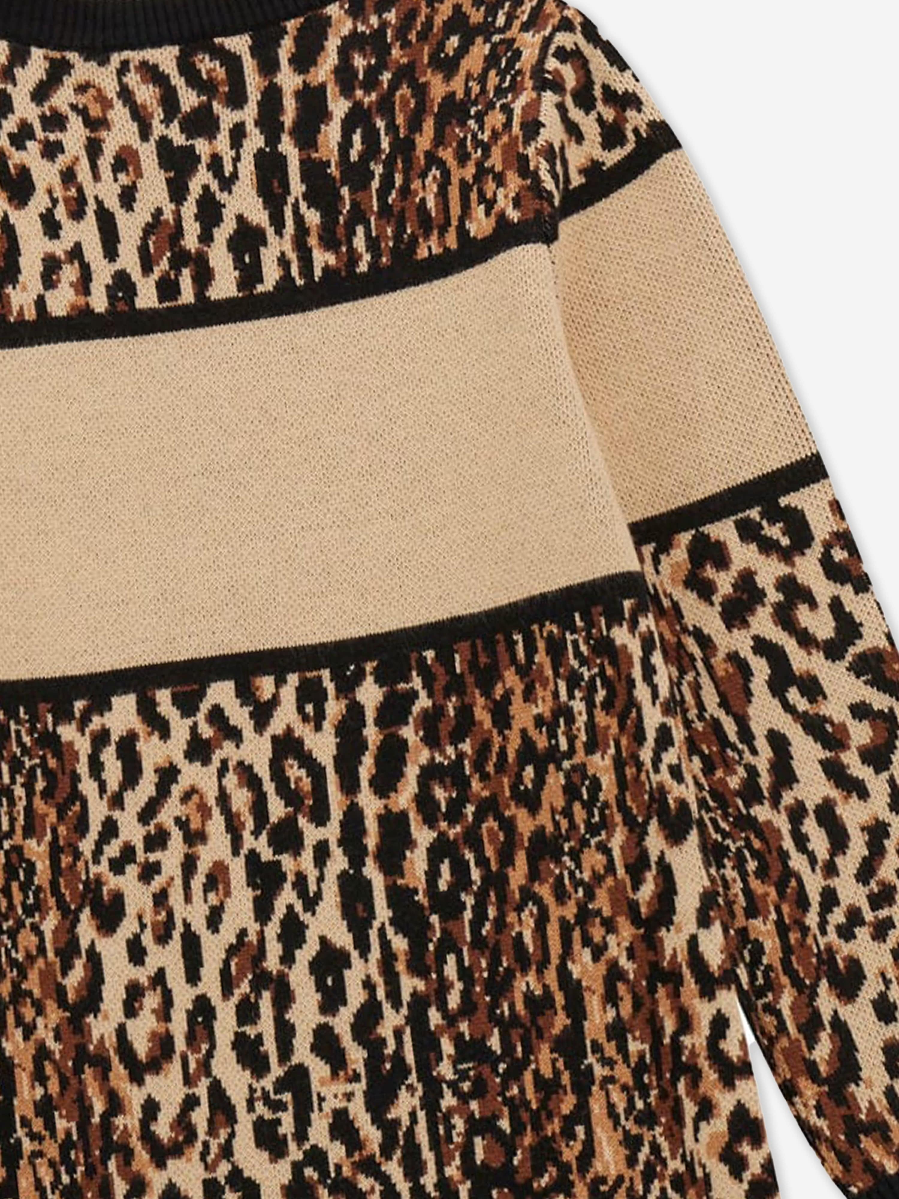 Girls Leopard Print Sweater Dress in Brown