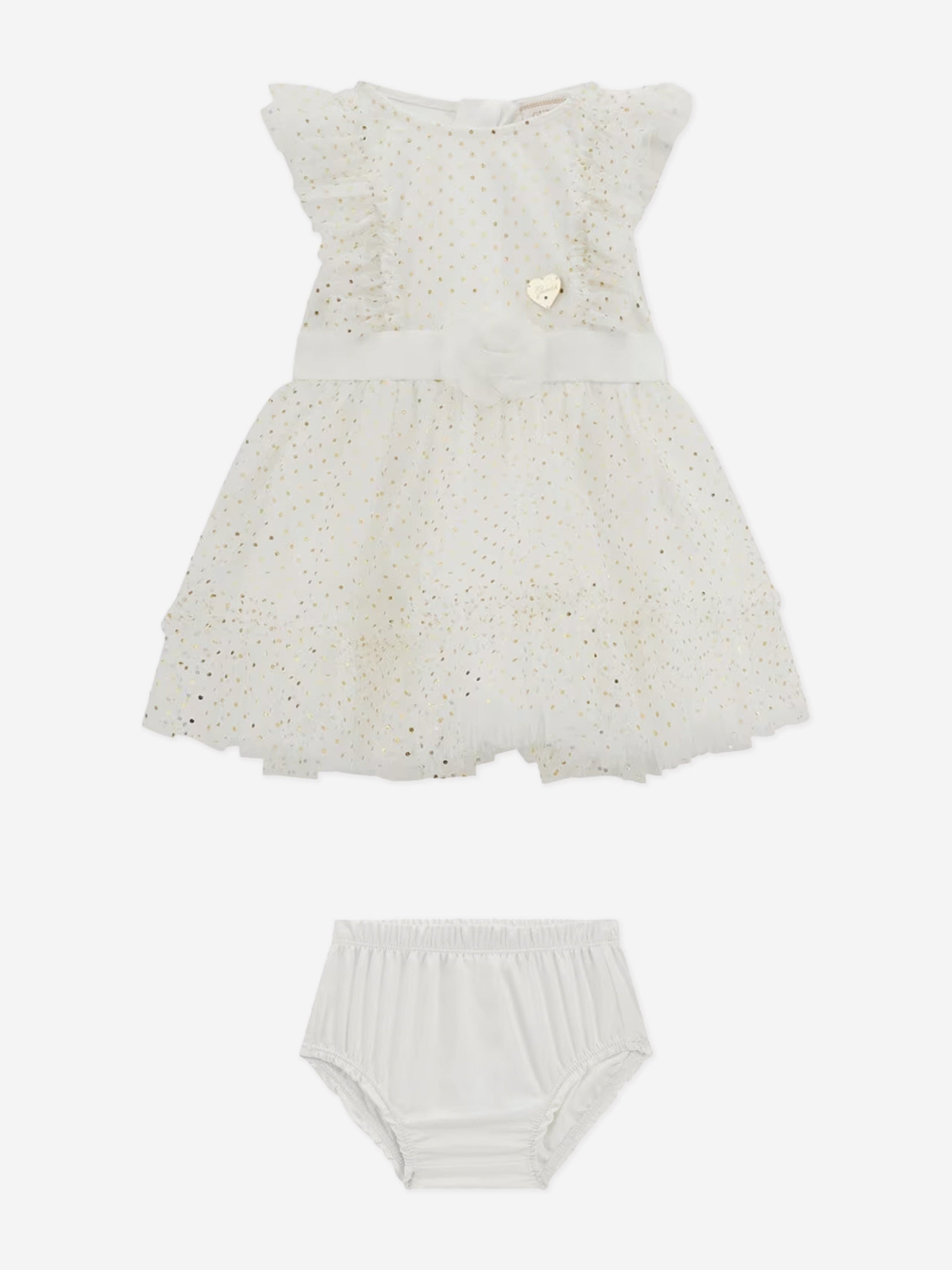 Baby Girls Spotted Ruffle Dress in White