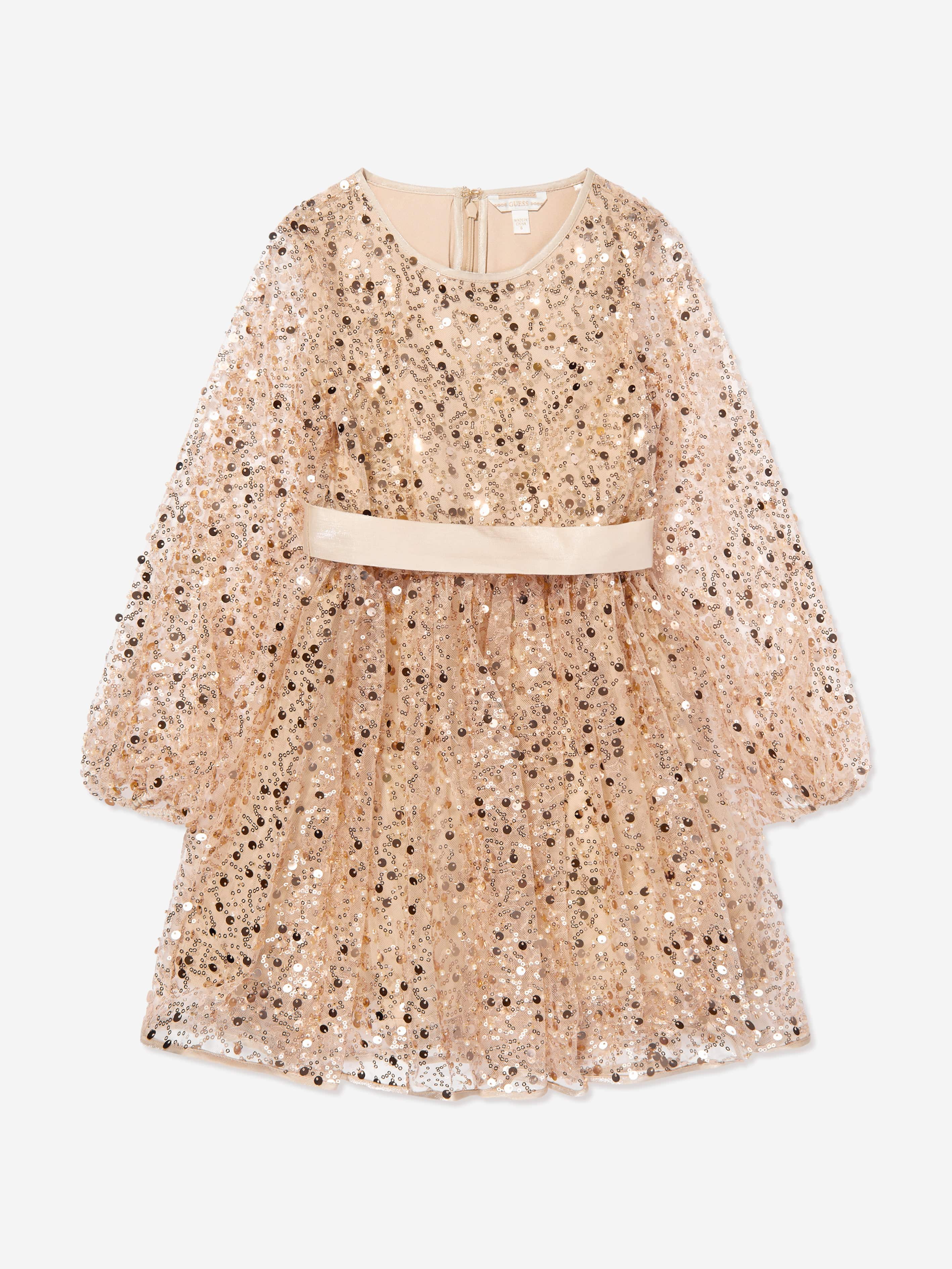 Girls Sequin Tulle Dress in Beige
