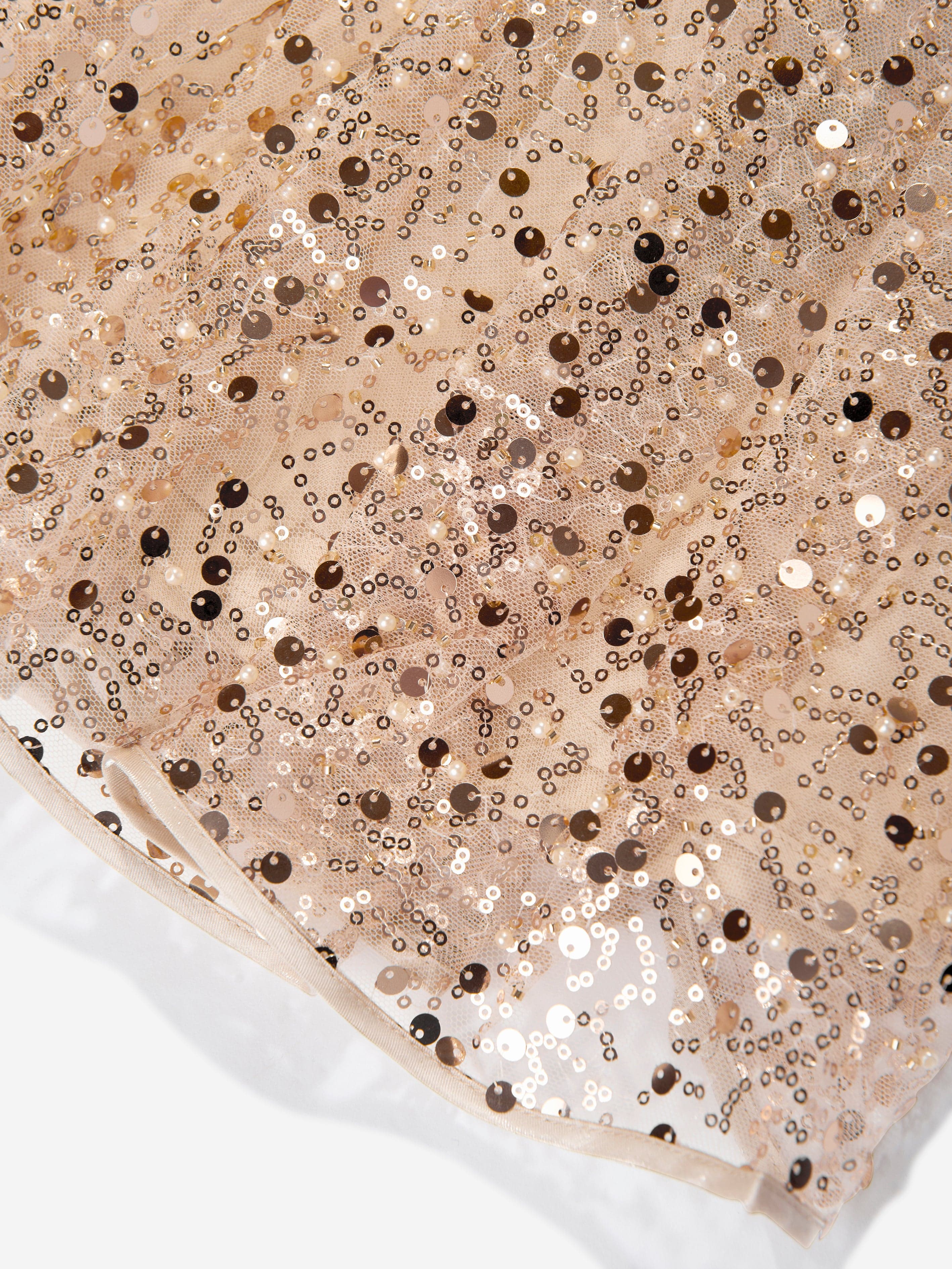 Girls Sequin Tulle Dress in Beige