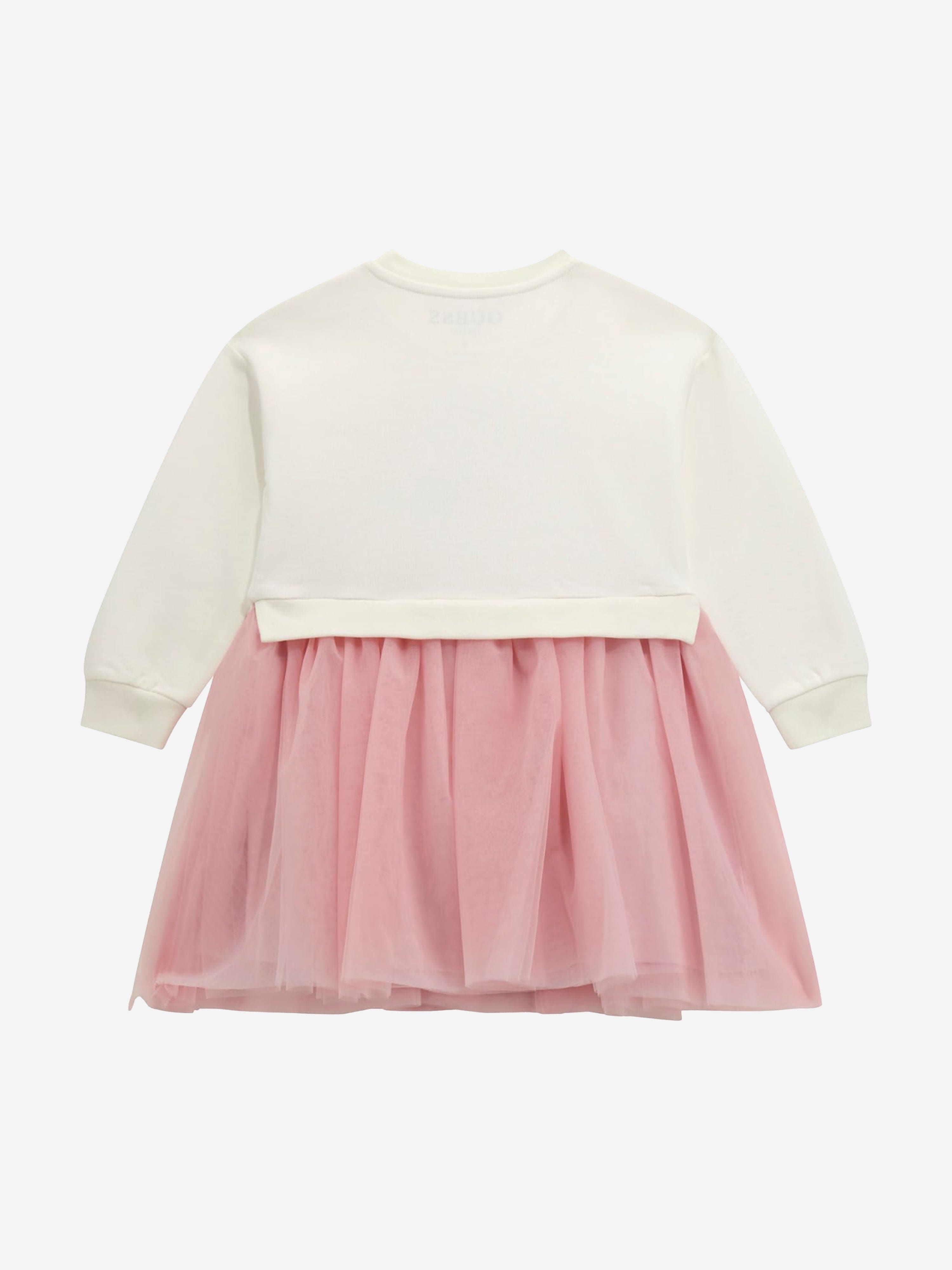Girls Mixed Fabric Sweater Dress in White