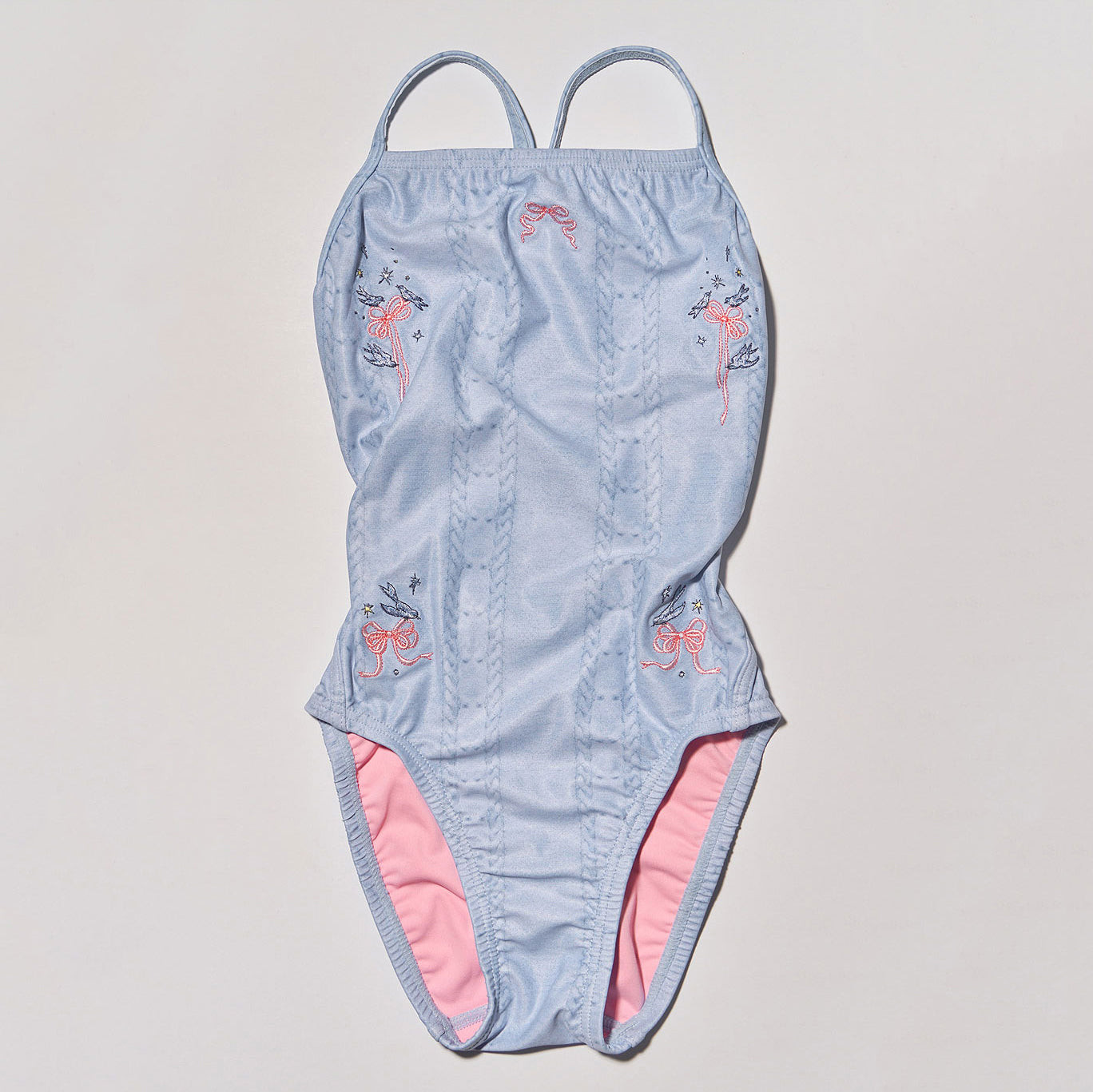 Girls Light Blue Embroidered Professional Swimsuit