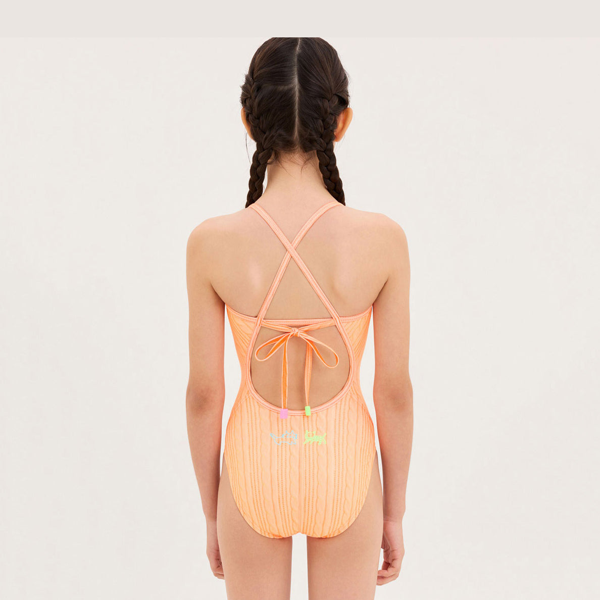 Girls Orange Embroidered Professional Swimsuit