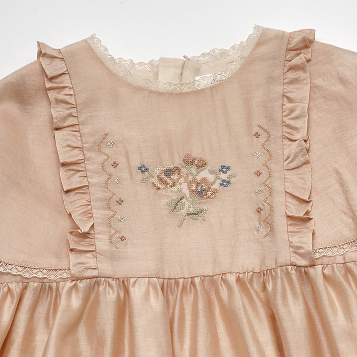 Girls Peach Embroidered Dress