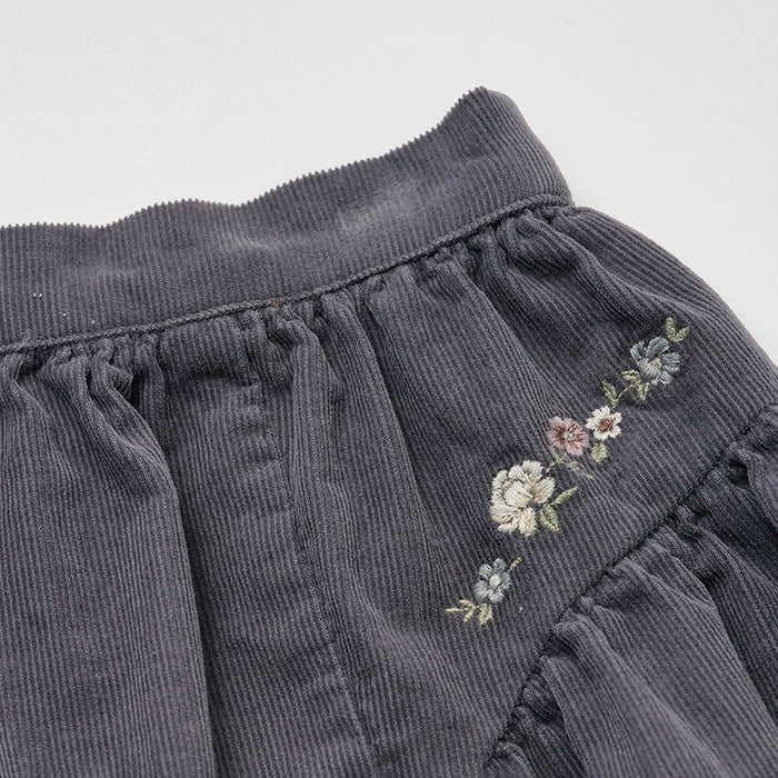 Girls Blue Embroidered Flower Corduroy Skirt
