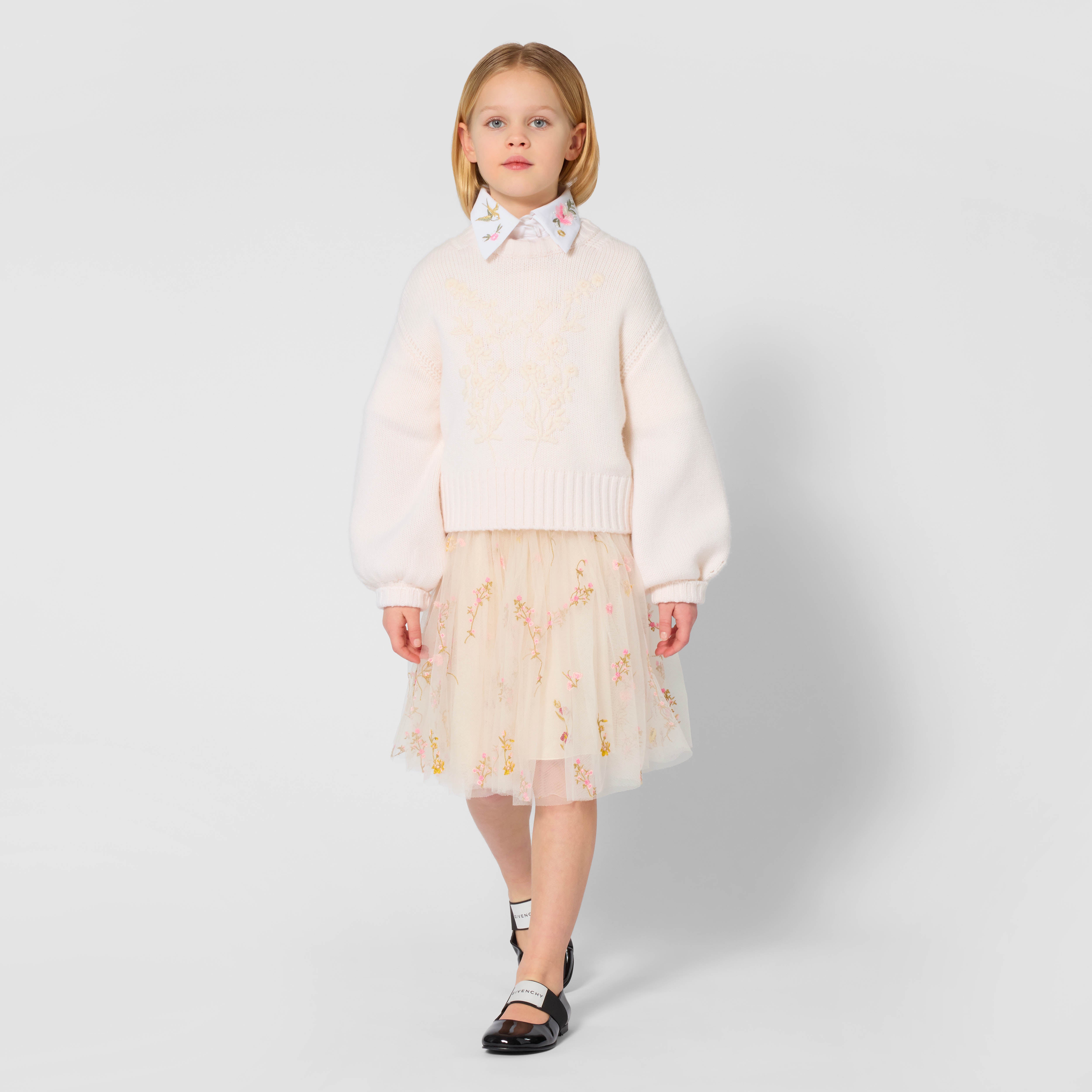 Girls White Embroidered Tulle Skirt