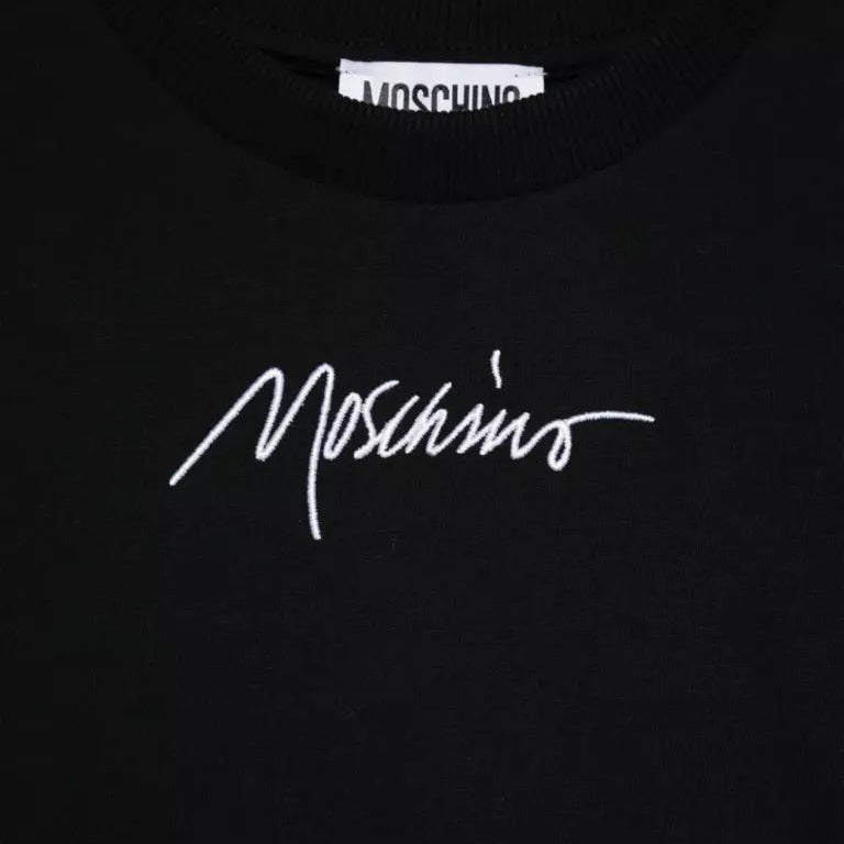 Boys & Girls Black Embroidered Logo Cotton T-Shirt