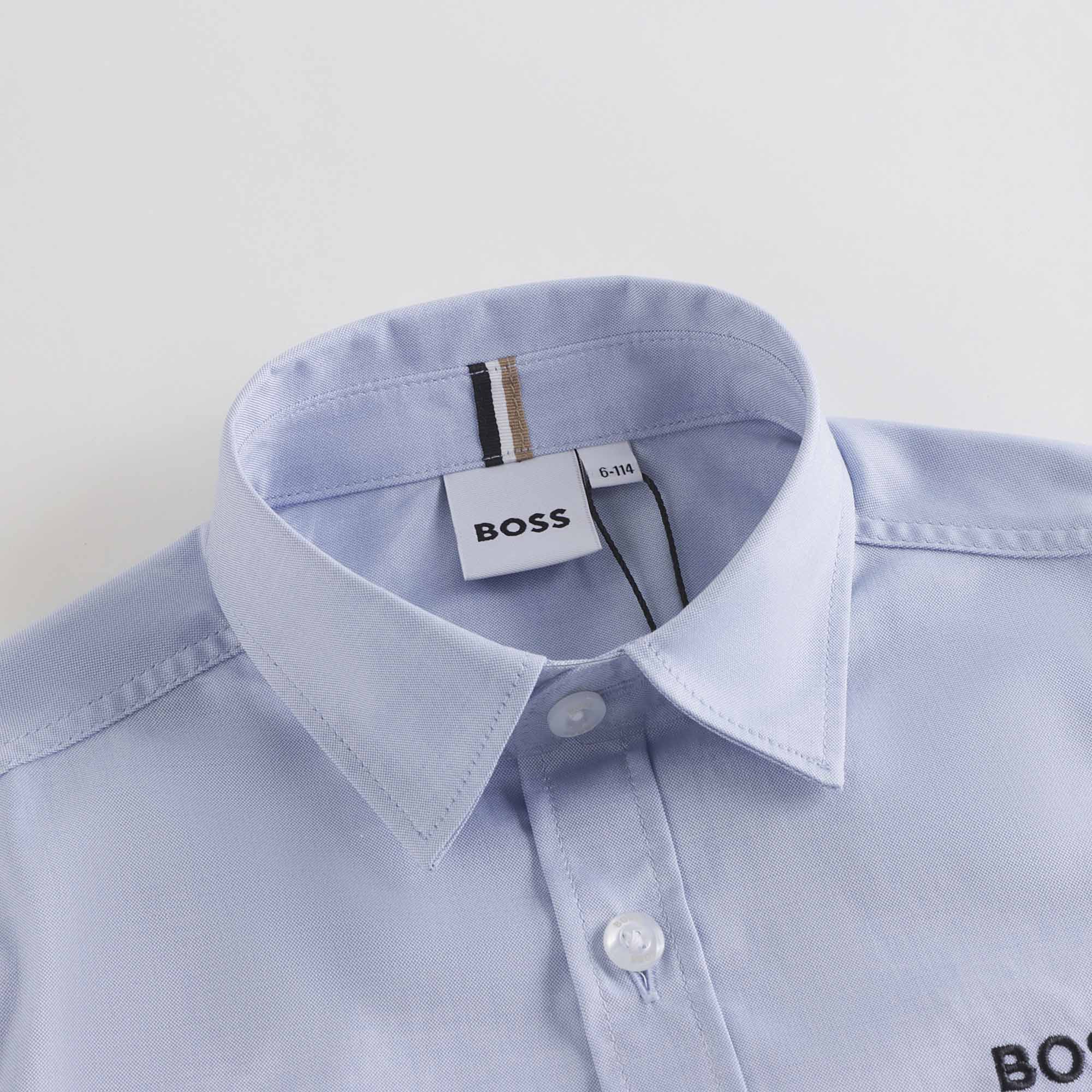 Boys Light Blue Embroidered Logo Cotton Shirt