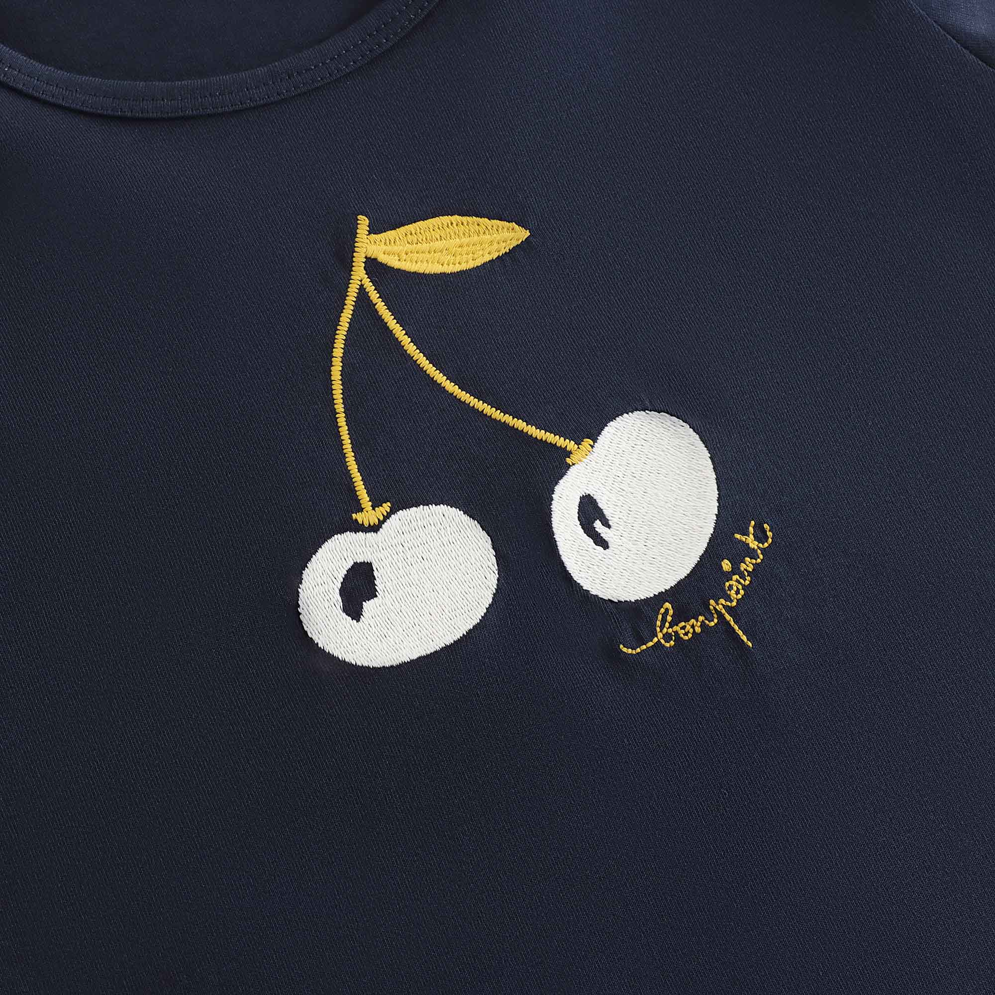 Girls Navy Cherry Printed Cotton T-Shirt