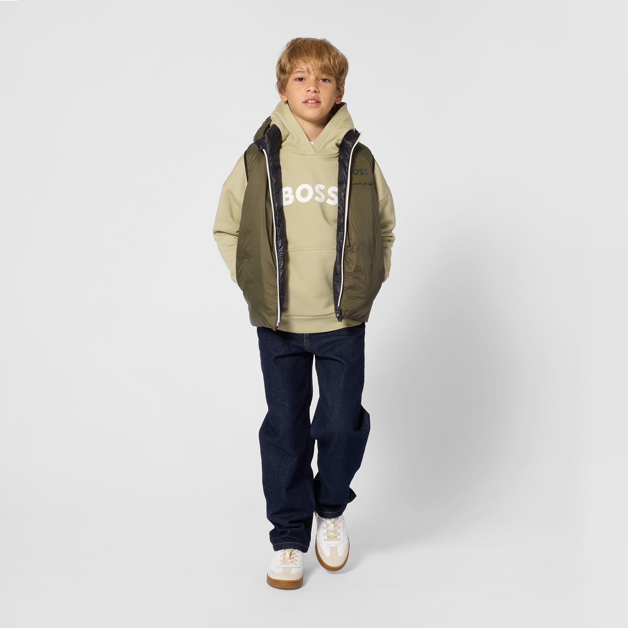 Boys Black & Olive Reversible Padded Down Gilet