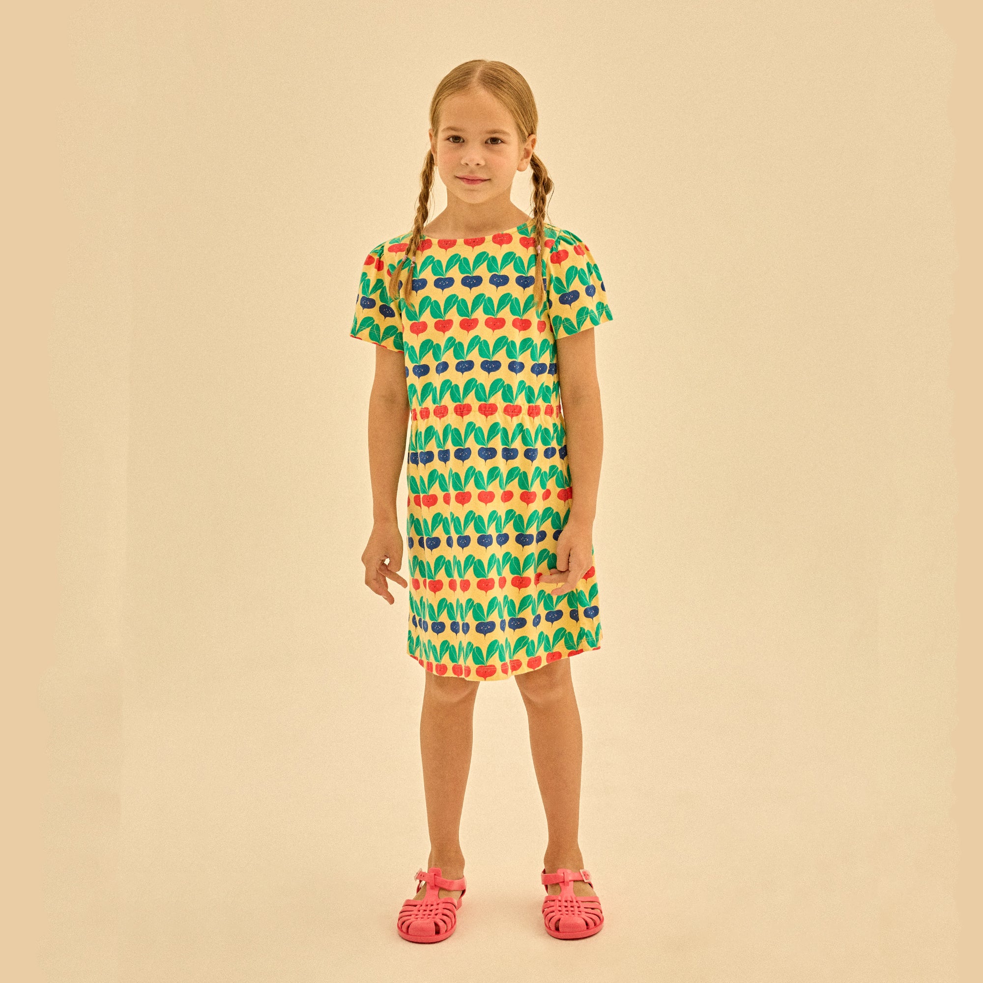 Girls Yellow Printed Radish Cotton Dress